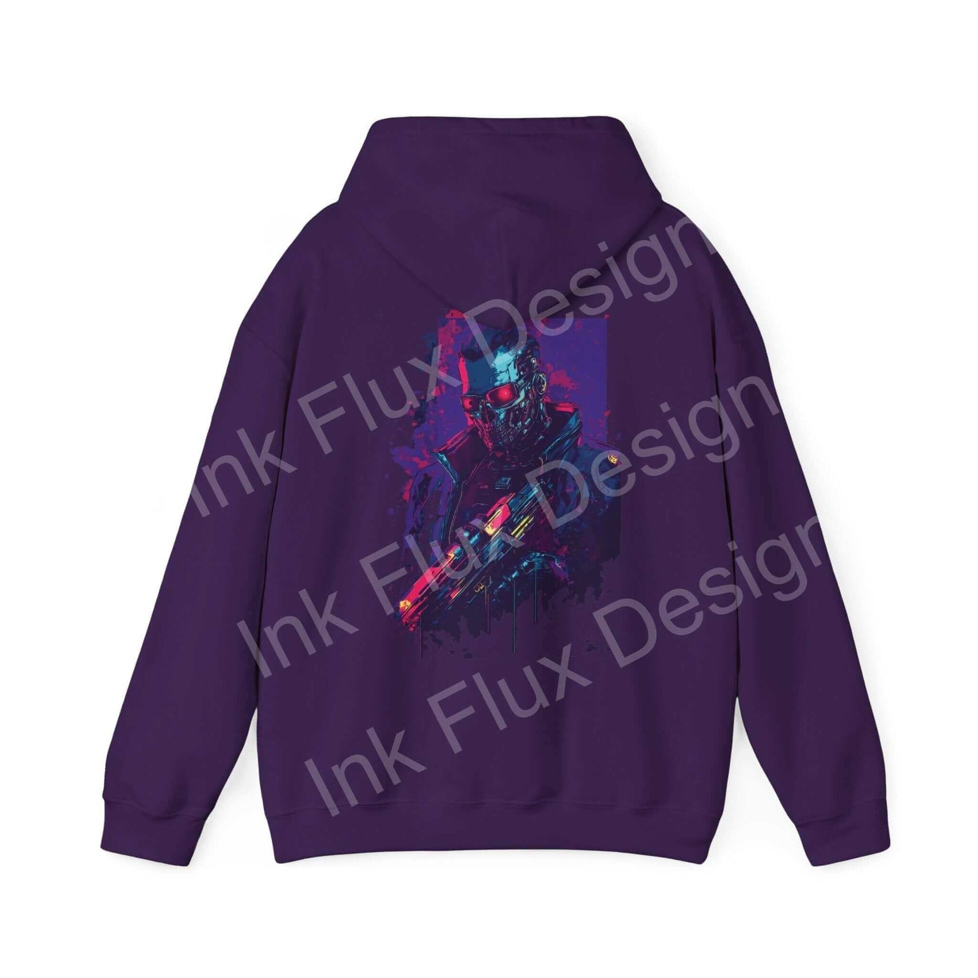 Back view of a purple Cyborg VI hooded sweatshirt featuring a bold graphic design in vibrant colors by Ink Flux Design.