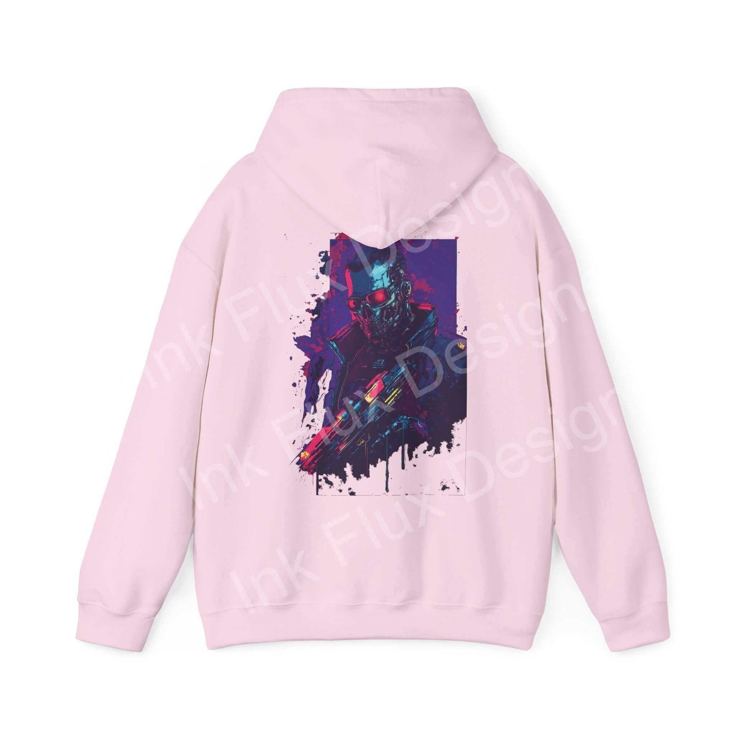 Pink Cyborg VI hooded sweatshirt with bold graphic design on the back, featuring a cyborg motif in vibrant colors suitable for a stylish, cozy outfit.