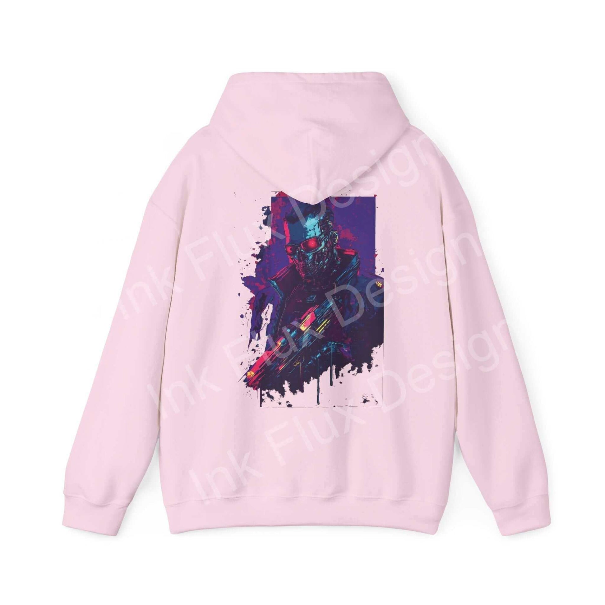 Pink Cyborg VI hooded sweatshirt with bold graphic design on the back, featuring a cyborg motif in vibrant colors suitable for a stylish, cozy outfit.