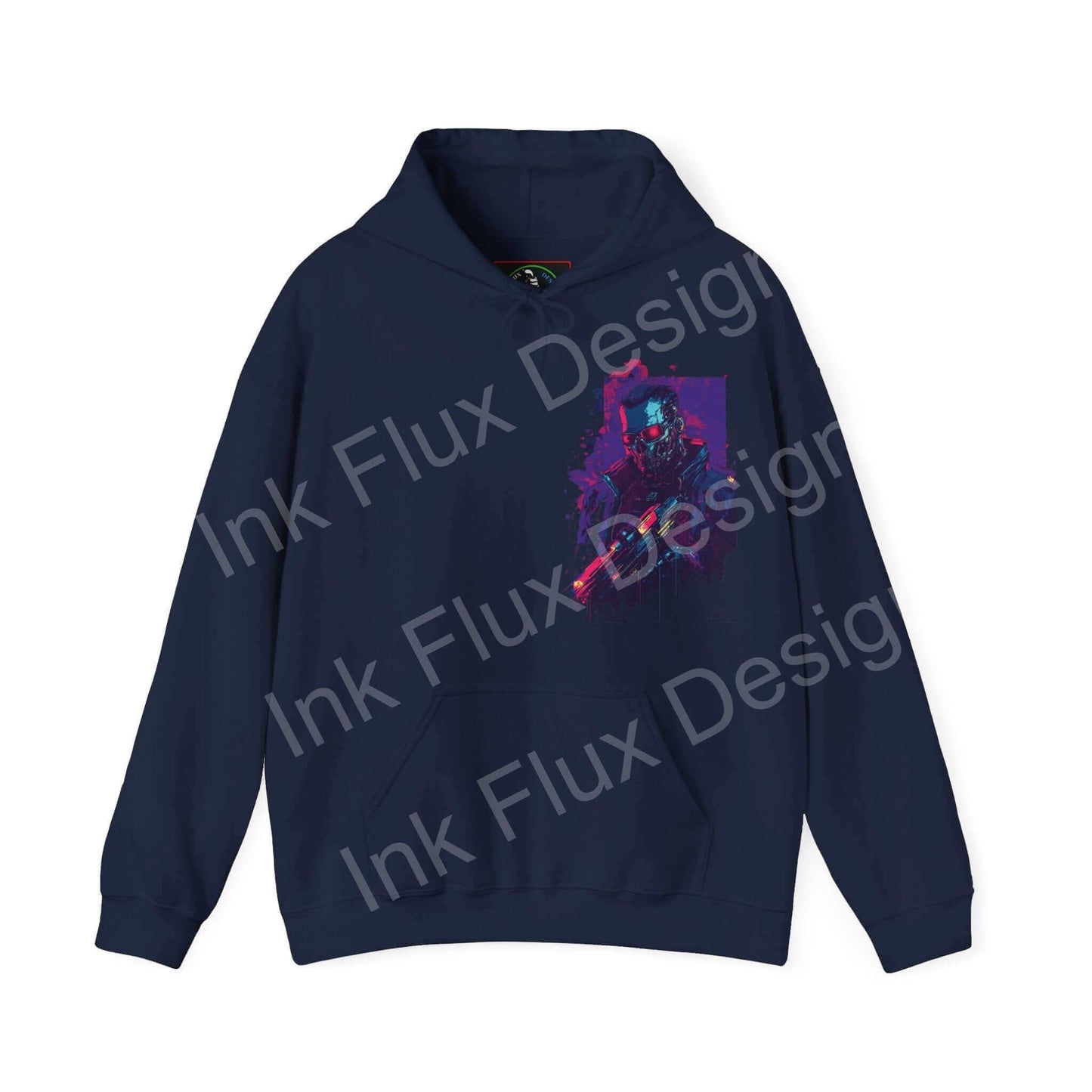 Navy blue Cyborg VI hooded sweatshirt with bold graphic design on front, showcasing a mix of vibrant colors and cyborg imagery, suitable for a unisex audience.