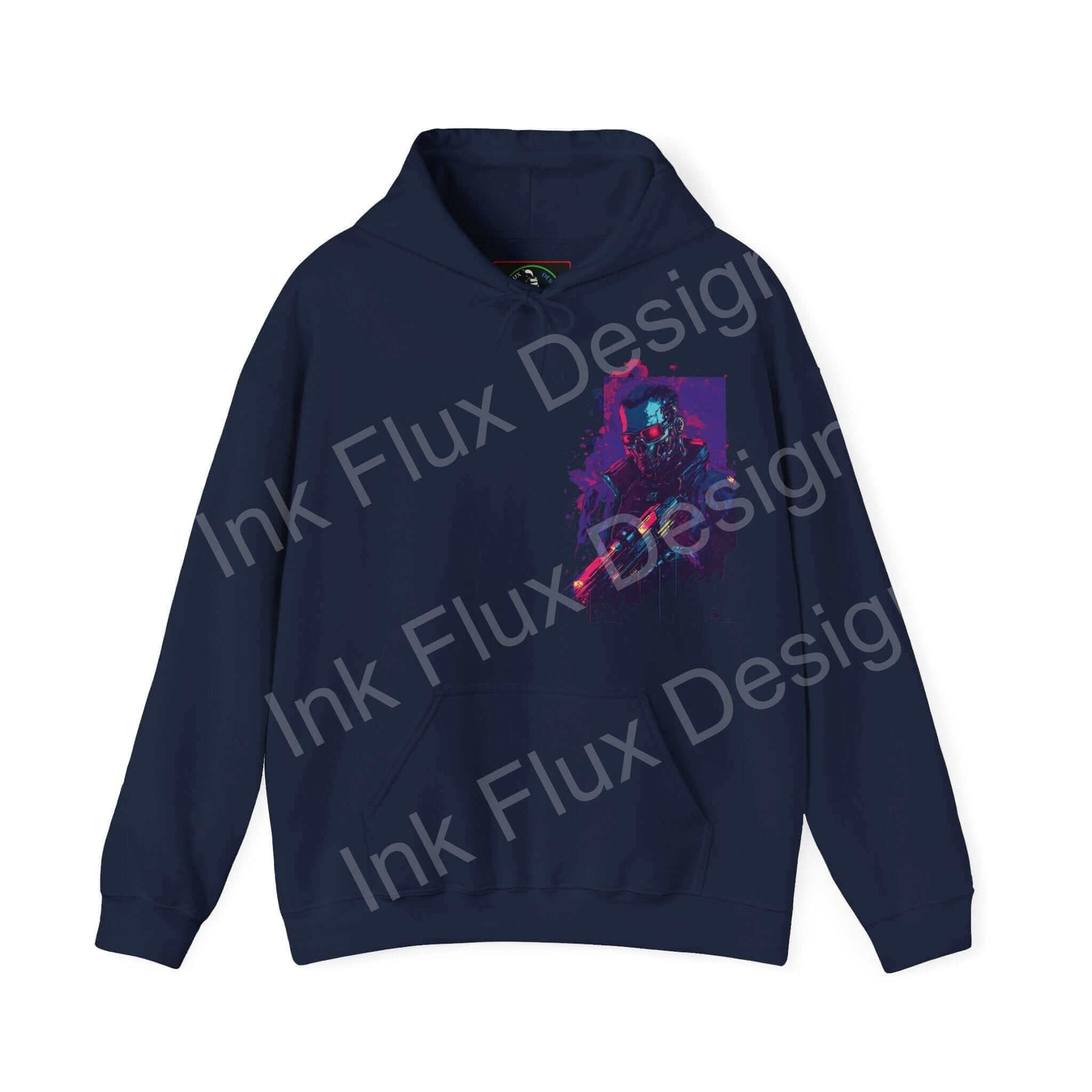 Navy blue Cyborg VI hooded sweatshirt with bold graphic design on front, showcasing a mix of vibrant colors and cyborg imagery, suitable for a unisex audience.