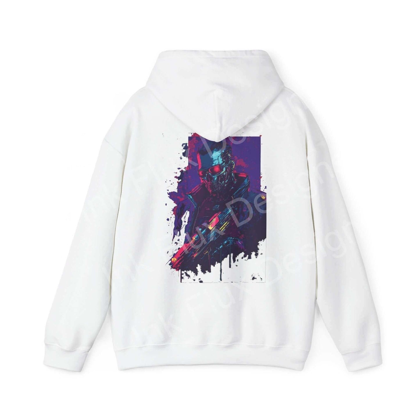 White unisex Cyborg VI Hooded Sweatshirt featuring bold graphic design of a cyborg on the back, ideal for fans of graphic hoodies.