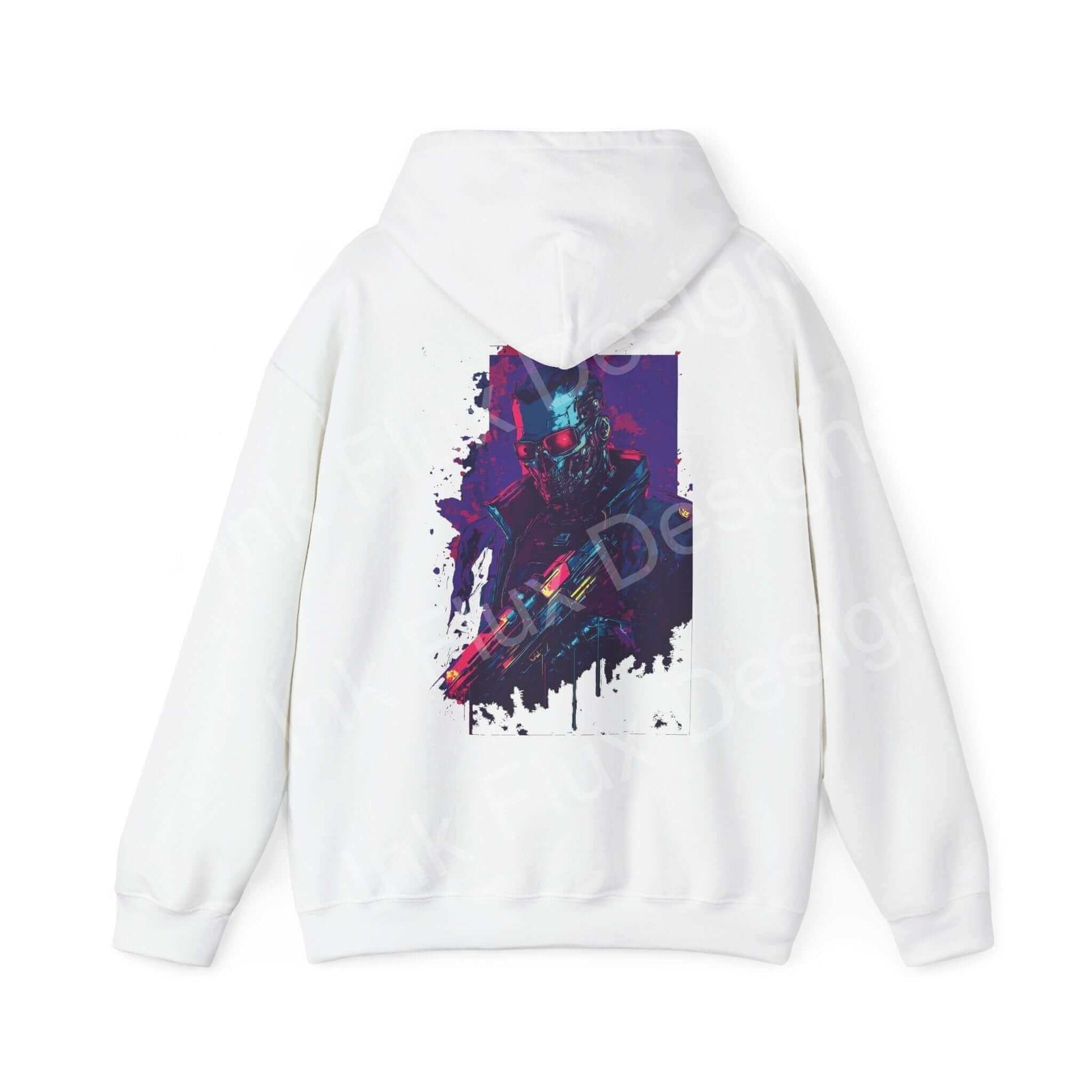 White unisex Cyborg VI Hooded Sweatshirt featuring bold graphic design of a cyborg on the back, ideal for fans of graphic hoodies.