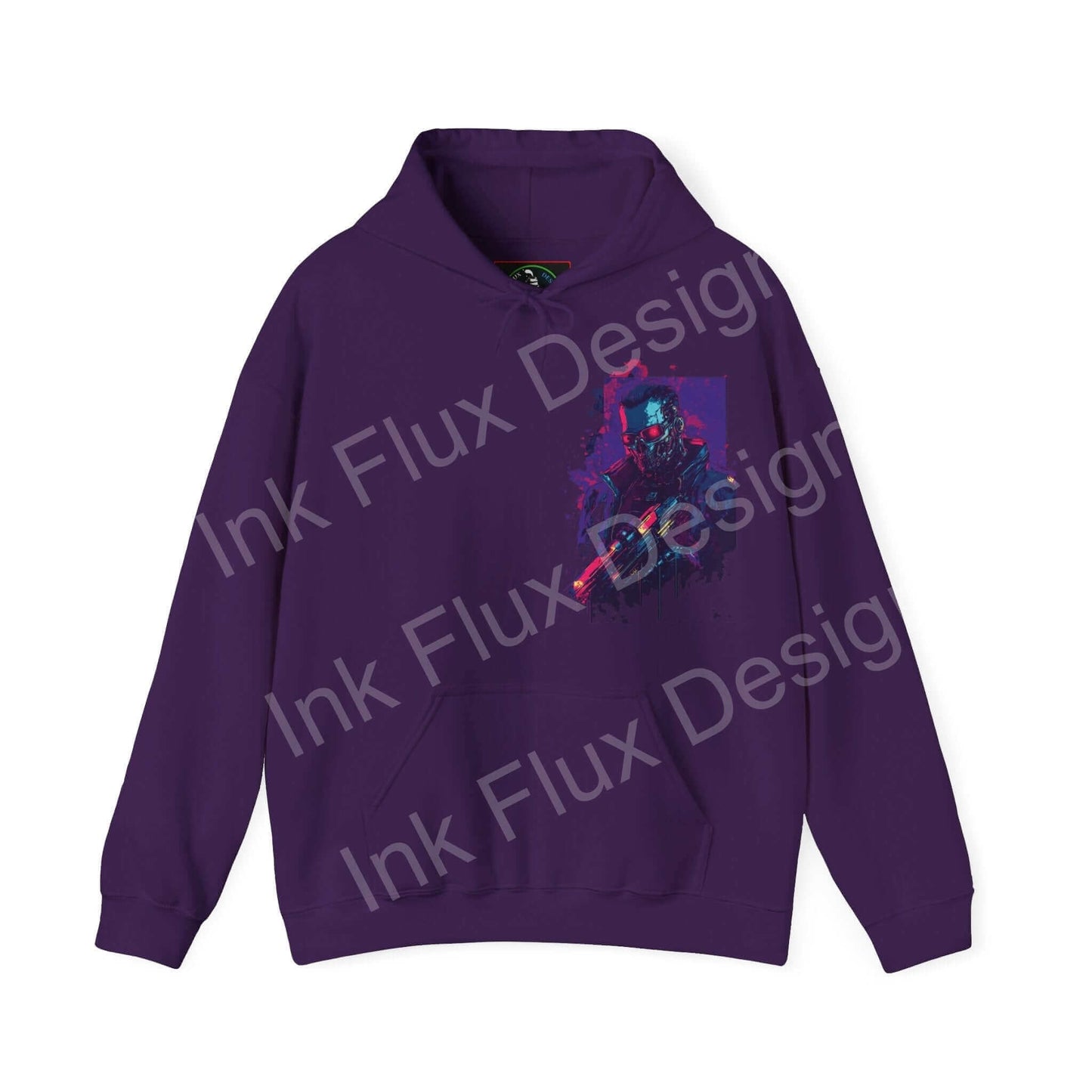 Purple Cyborg VI Hooded Sweatshirt with bold graphic design on front, showcasing a blend of comfort and futuristic style.