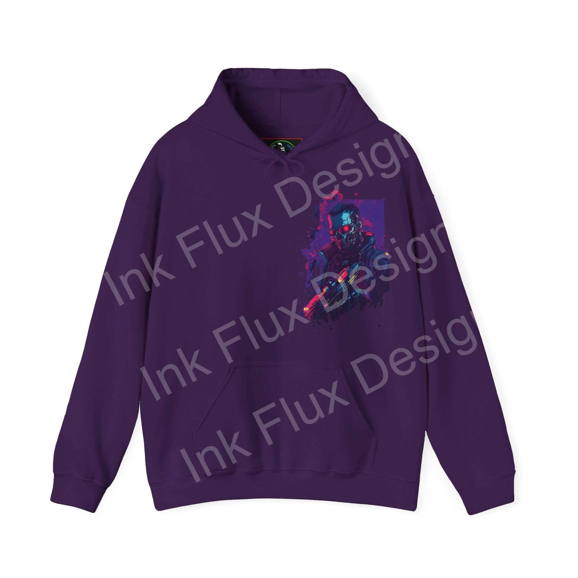 Purple Cyborg VI Hooded Sweatshirt with bold graphic design on front, showcasing a blend of comfort and futuristic style.
