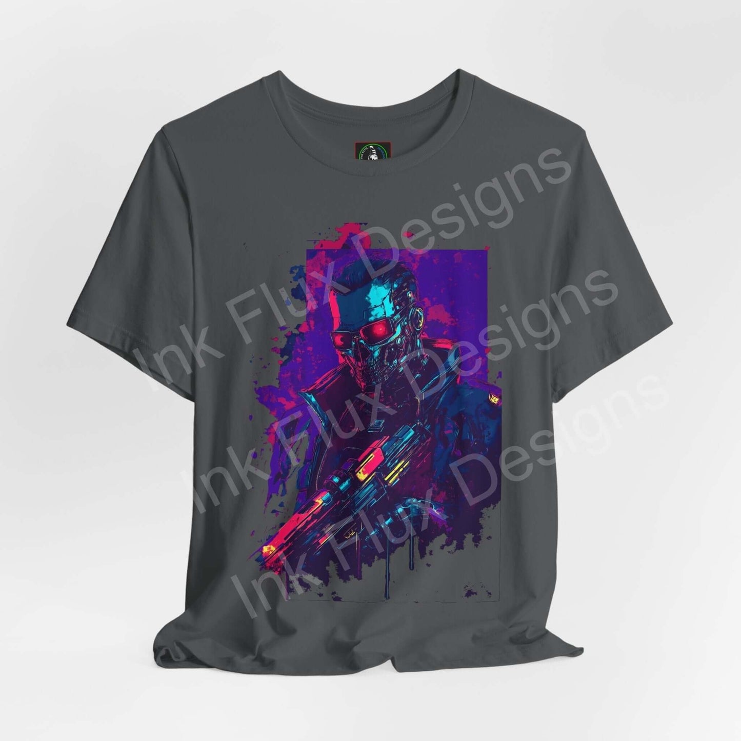 Unisex gray T-shirt featuring a vibrant cyberpunk graphic of a cyborg, crafted by Bella+Canvas for optimal comfort and style.