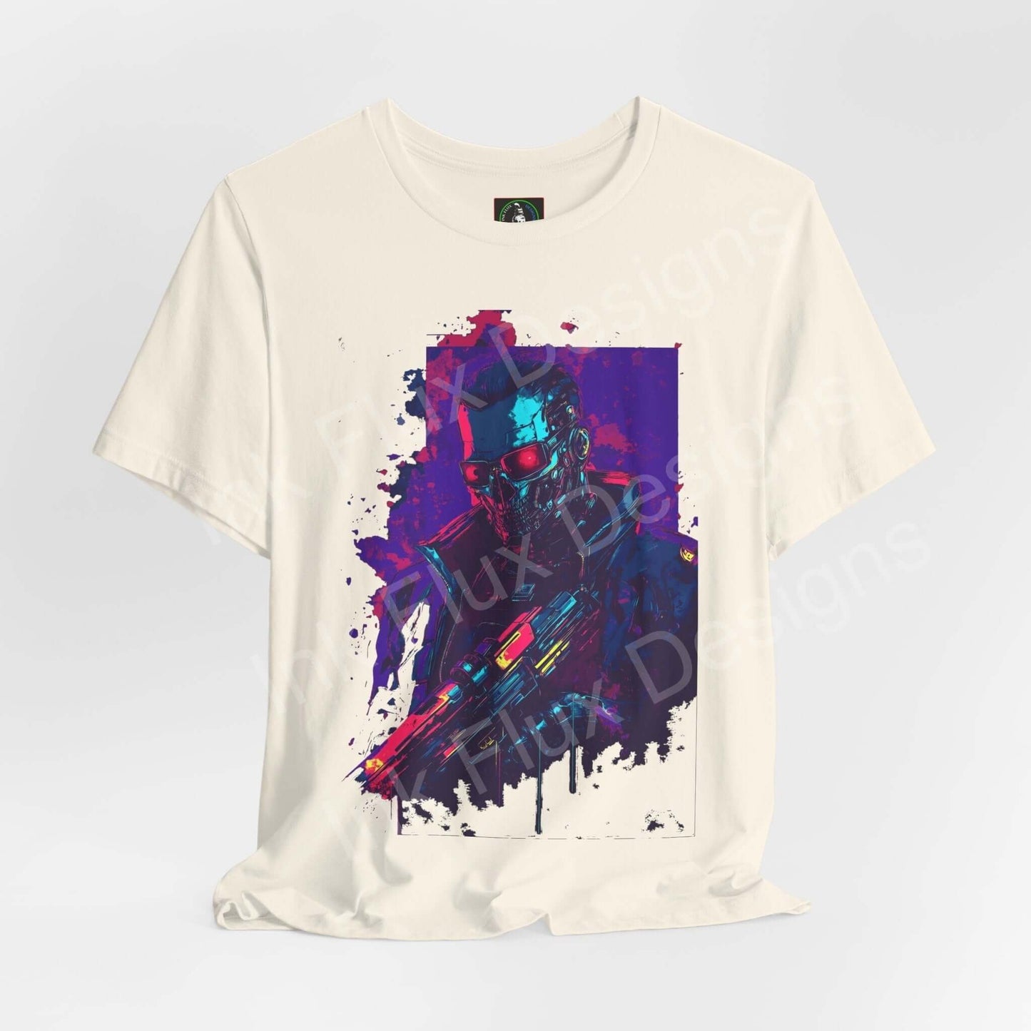Unisex cream-colored graphic tee featuring a vibrant cyberpunk-inspired design with a vivid blue and purple cyborg illustration, perfect for fans of cyberpunk and graphic tees.