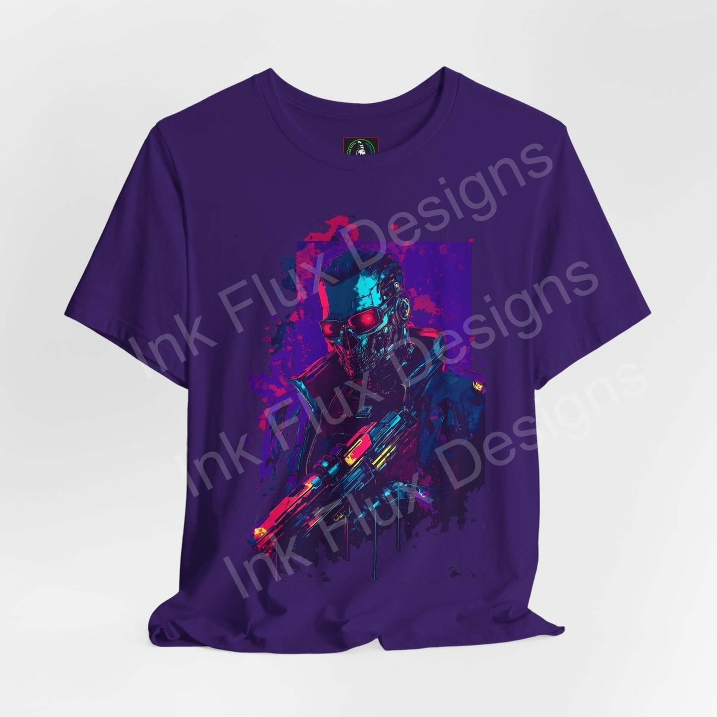 Unisex purple T-shirt featuring a vibrant cyberpunk graphic with neon colors, from Bella+Canvas' sustainable line of Tees.