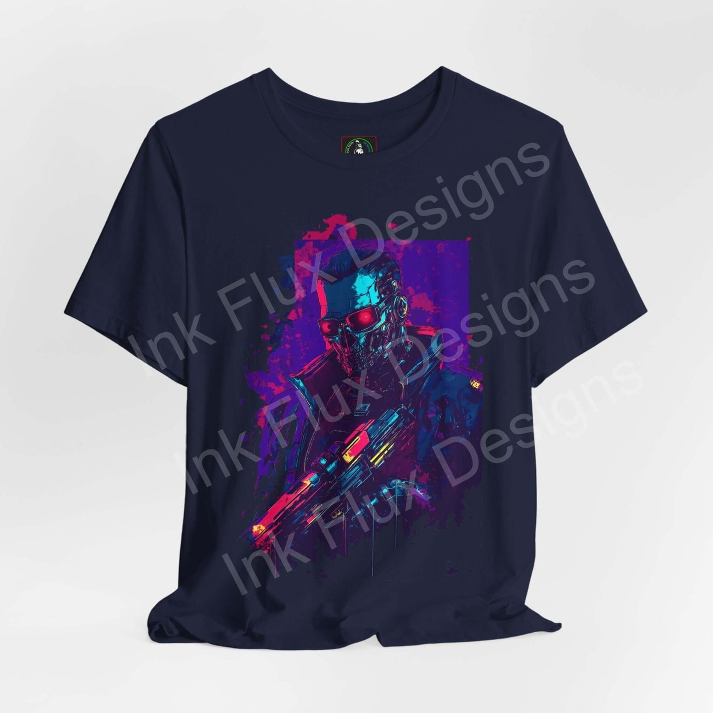 Cyberpunk VI graphic tee featuring a vibrant cyborg print on a dark navy unisex T-shirt from Bella+Canvas, ideal for cyberpunk and graphic tee enthusiasts.