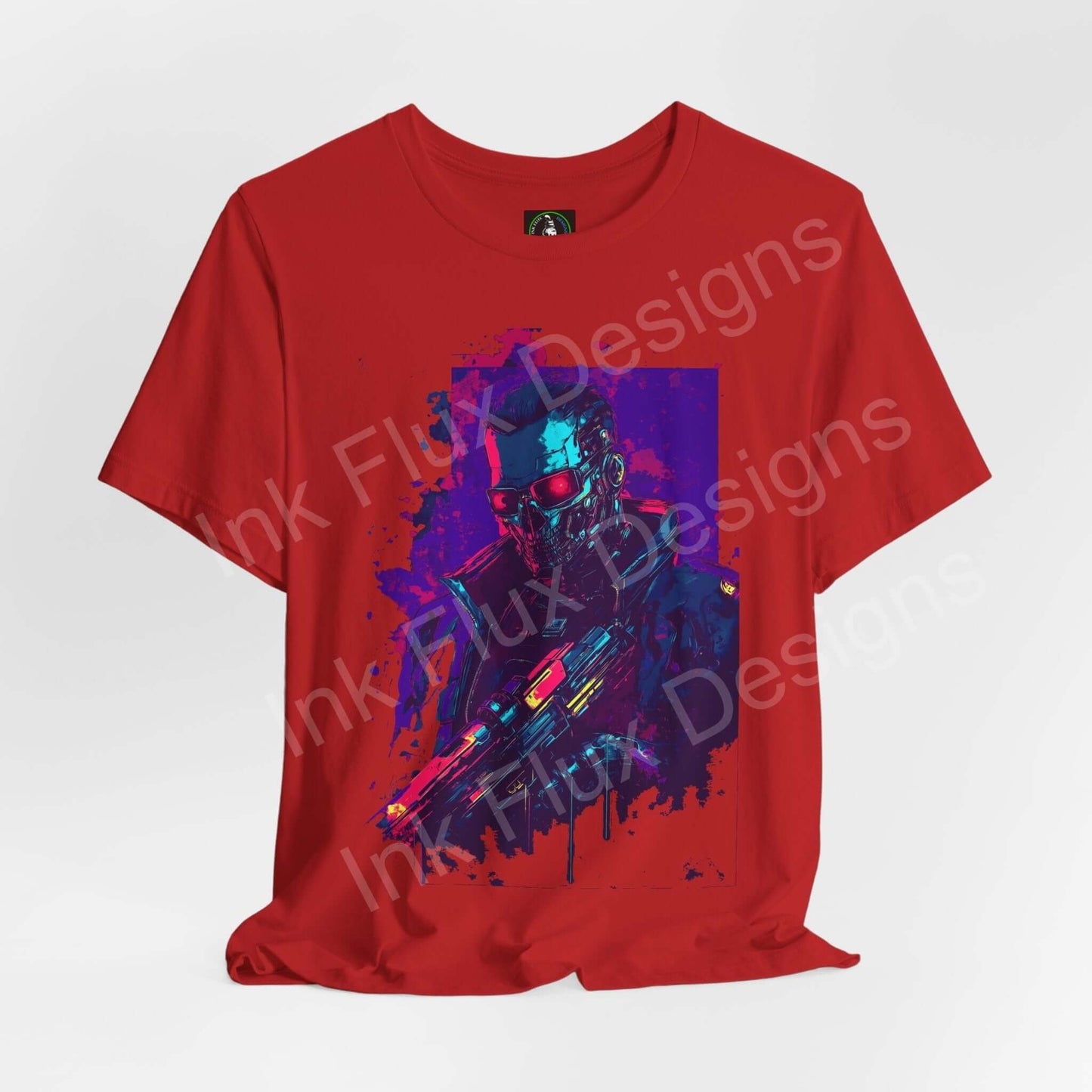 Red unisex cyberpunk graphic tee featuring a vibrant, stylized cyborg design, perfect for fans of futuristic fashion.