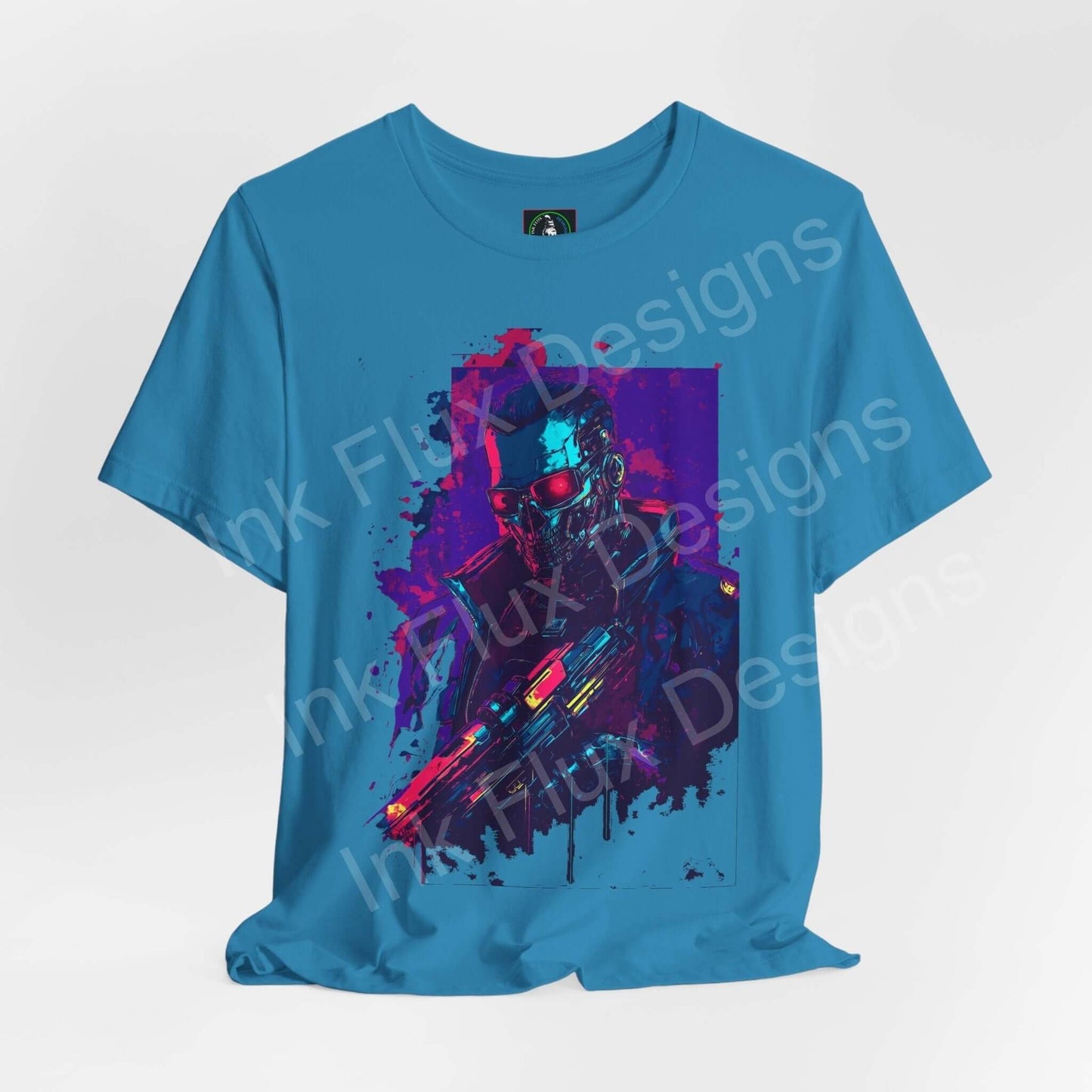 Cyberpunk graphic tee featuring a vibrant cyborg design on a blue unisex T-shirt, perfect for both style and comfort.