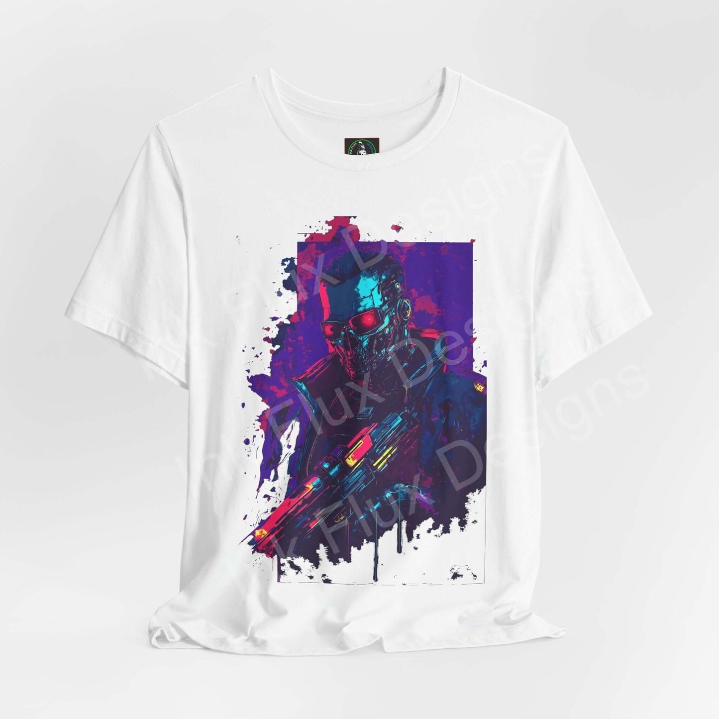 Cyberpunk graphic on unisex white T-shirt featuring vibrant, colorful artwork of a cyborg face, perfect for fans of cyberpunk style and graphic tees.