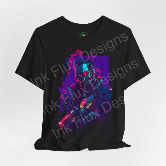 Cyberpunk graphic tee featuring a vibrant, colorful cyborg design on a black unisex jersey T-shirt by Bella+Canvas, ideal for comfort and style.