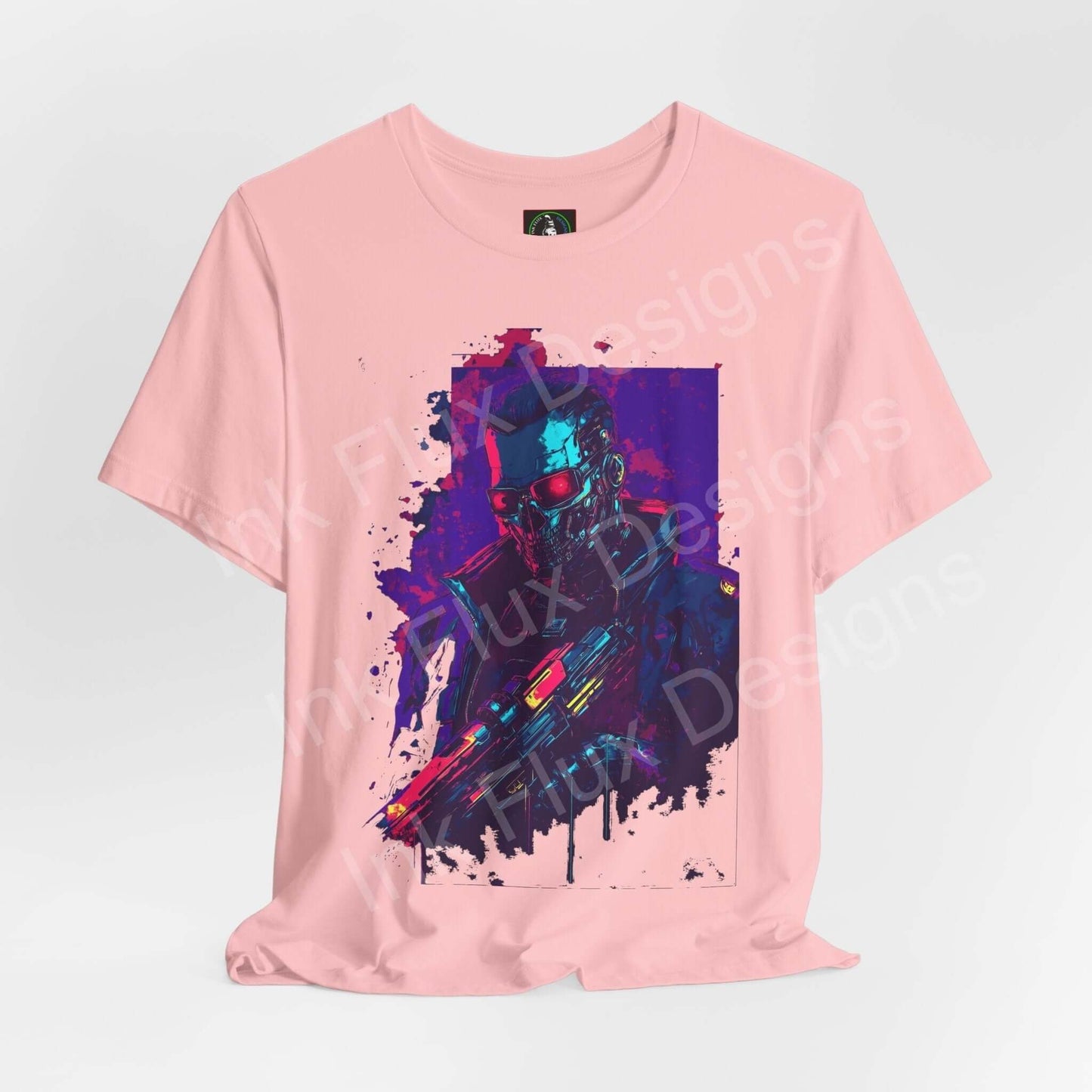 Pink unisex T-shirt featuring a vibrant cyberpunk graphic of a blue cyborg, designed for style and comfort by Bella+Canvas.