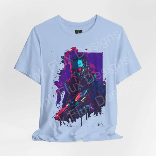 Light blue unisex jersey T-shirt featuring a vibrant cyberpunk graphic with fluorescent colors, perfect for fans of graphic tees.