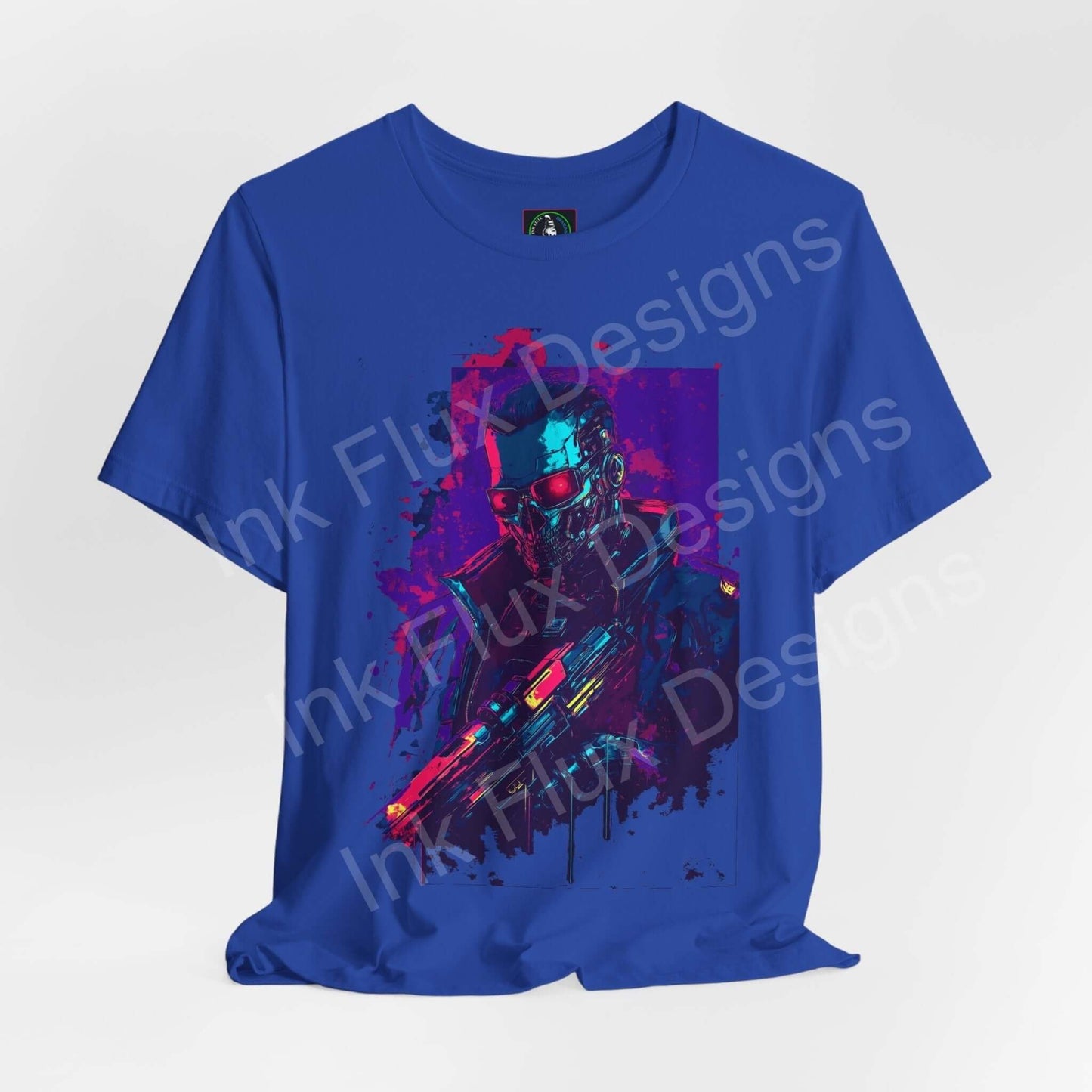 Blue unisex T-shirt featuring a vivid cyberpunk graphic design, made from breathable cotton, ideal for fashion-forward style.