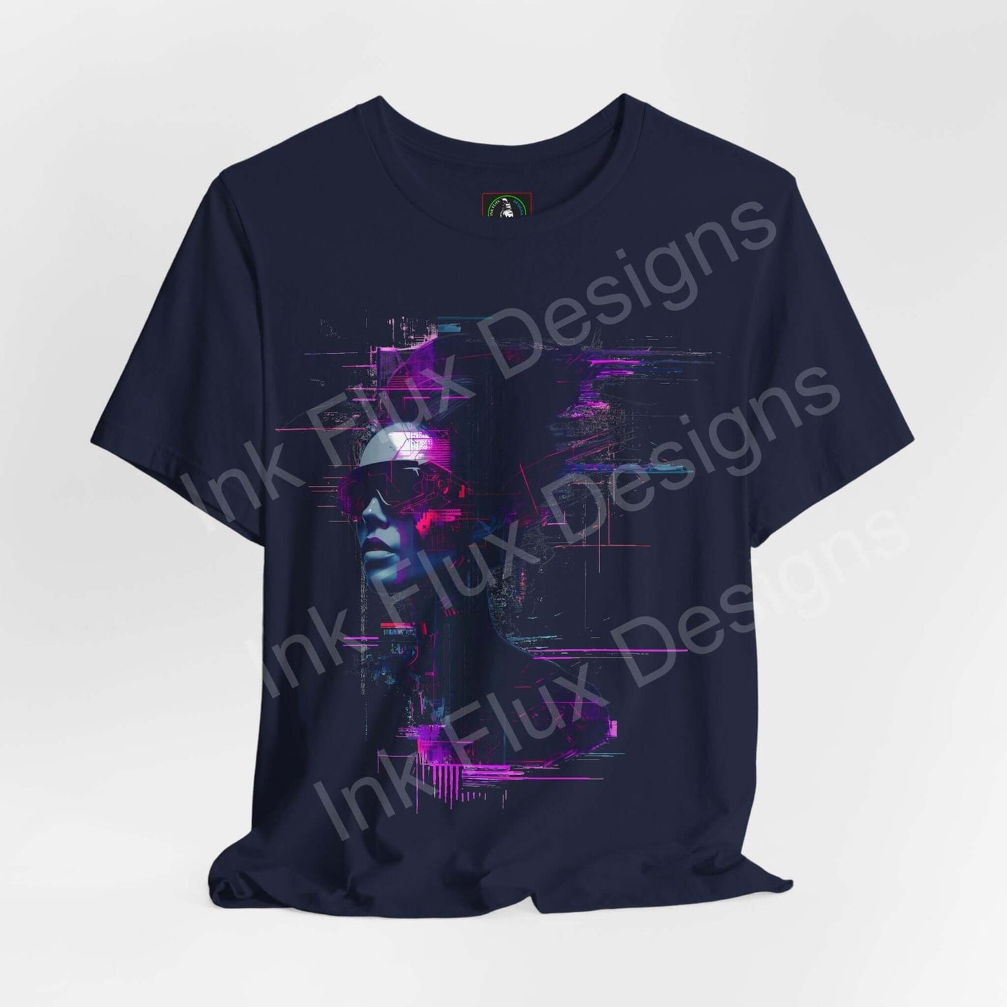 "Cyborg Woman II graphic tee in navy, featuring a vibrant cyberpunk-inspired design on unisex Bella+Canvas T-shirt"