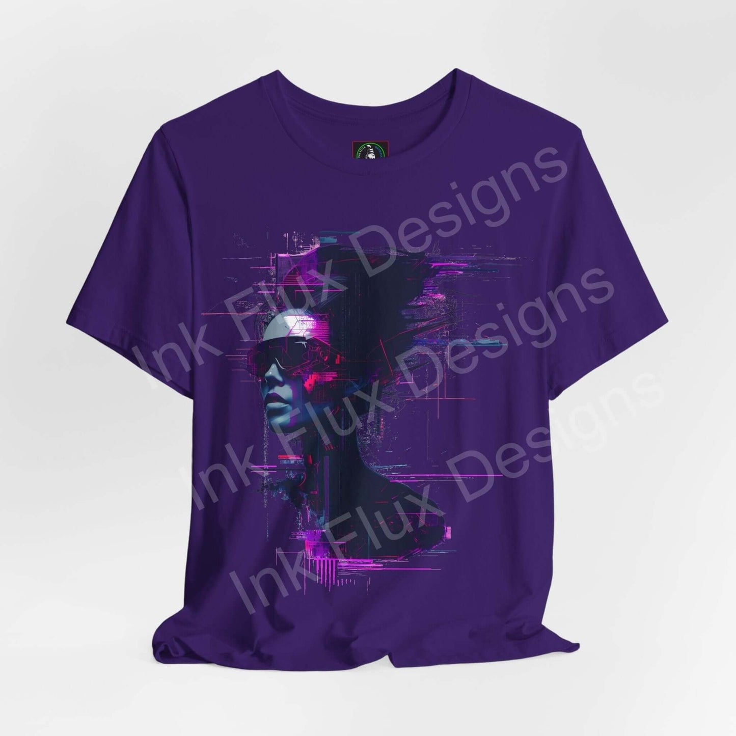 Purple unisex cyberpunk graphic tee featuring a stylized cyborg woman design, from Bella+Canvas, ideal for comfort and style.