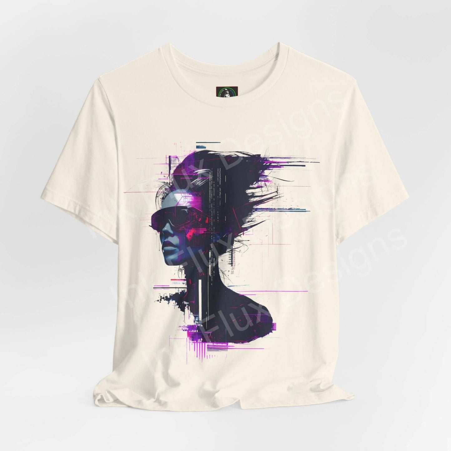 Unisex cream-colored T-shirt featuring a vibrant cyberpunk-inspired graphic of a cyborg woman, from Bella+Canvas, showcasing style and sustainability.
