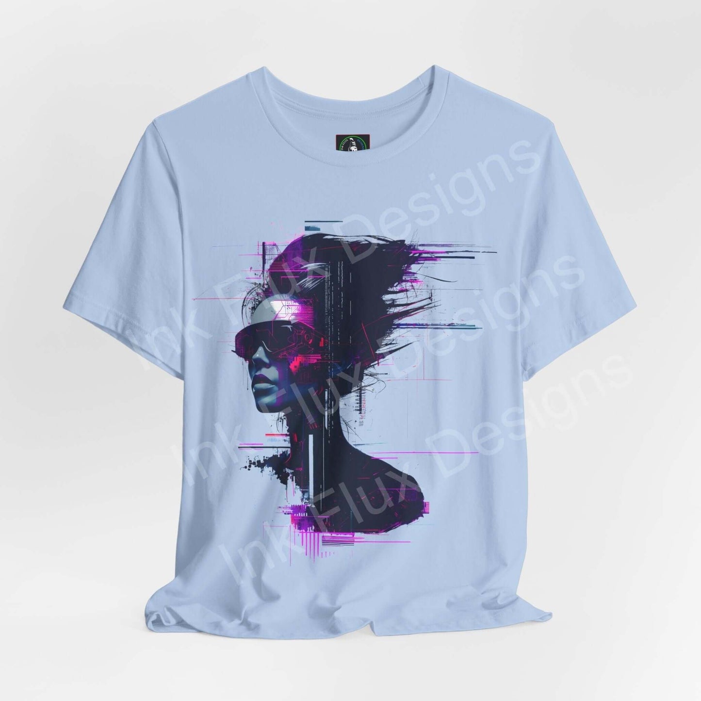 Light blue unisex T-shirt featuring a cyberpunk graphic design of a cyborg woman, made from breathable cotton, ideal for stylish comfort.