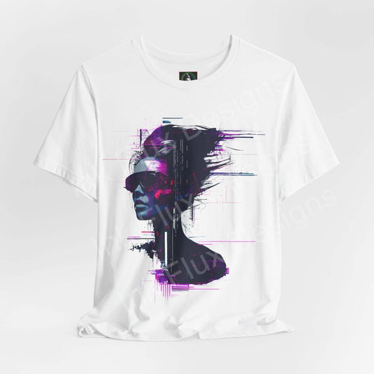 Cyberpunk graphic tee featuring a stylized cyborg woman design in vibrant purple and black on a white unisex jersey T-shirt.
