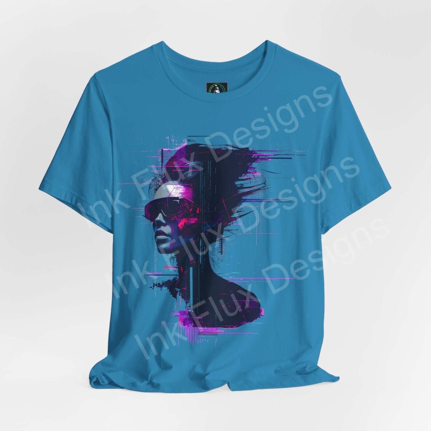 Cyberpunk graphic tee featuring a cyborg woman design on a blue unisex jersey T-shirt, tailored for style and comfort.