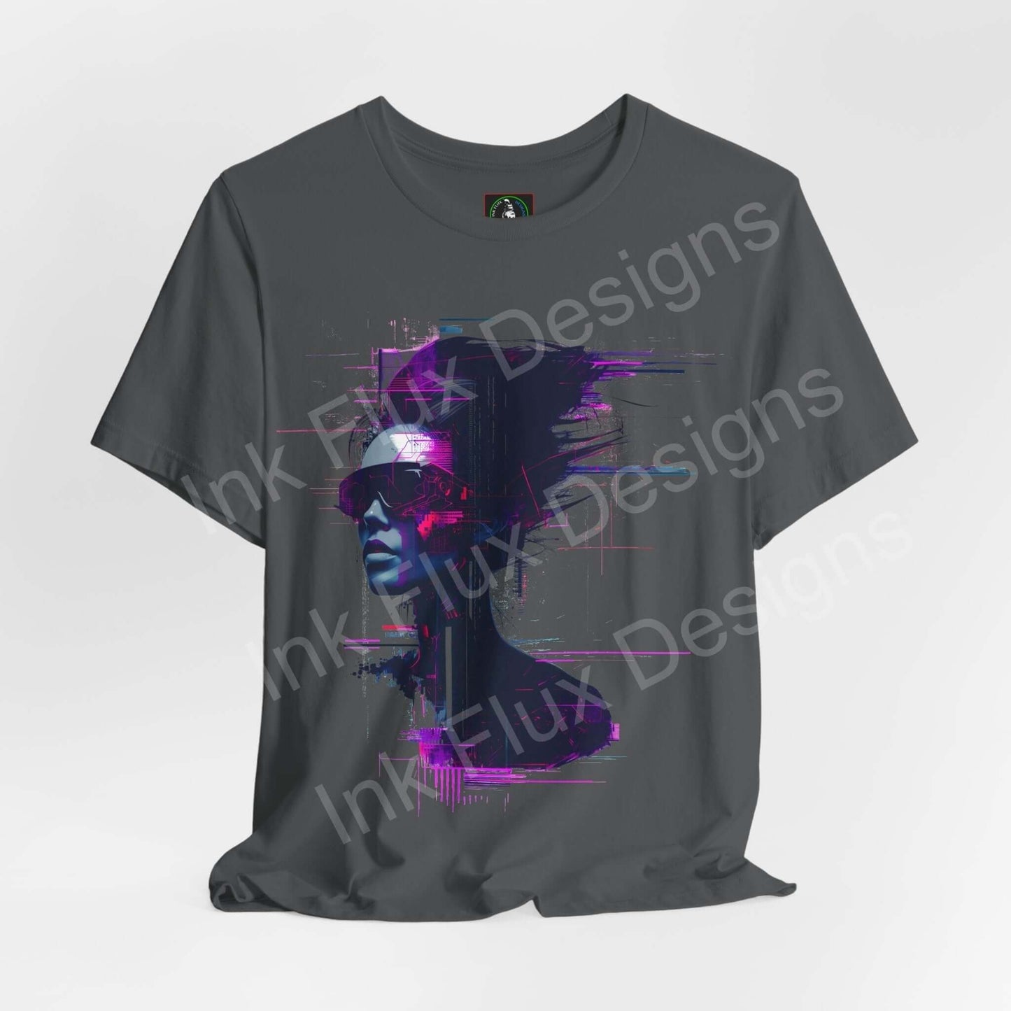 Cyberpunk graphic tee featuring a stylized cyborg woman design in vibrant purple on a gray unisex jersey T-shirt by Bella+Canvas, ideal for fans of futuristic fashion.