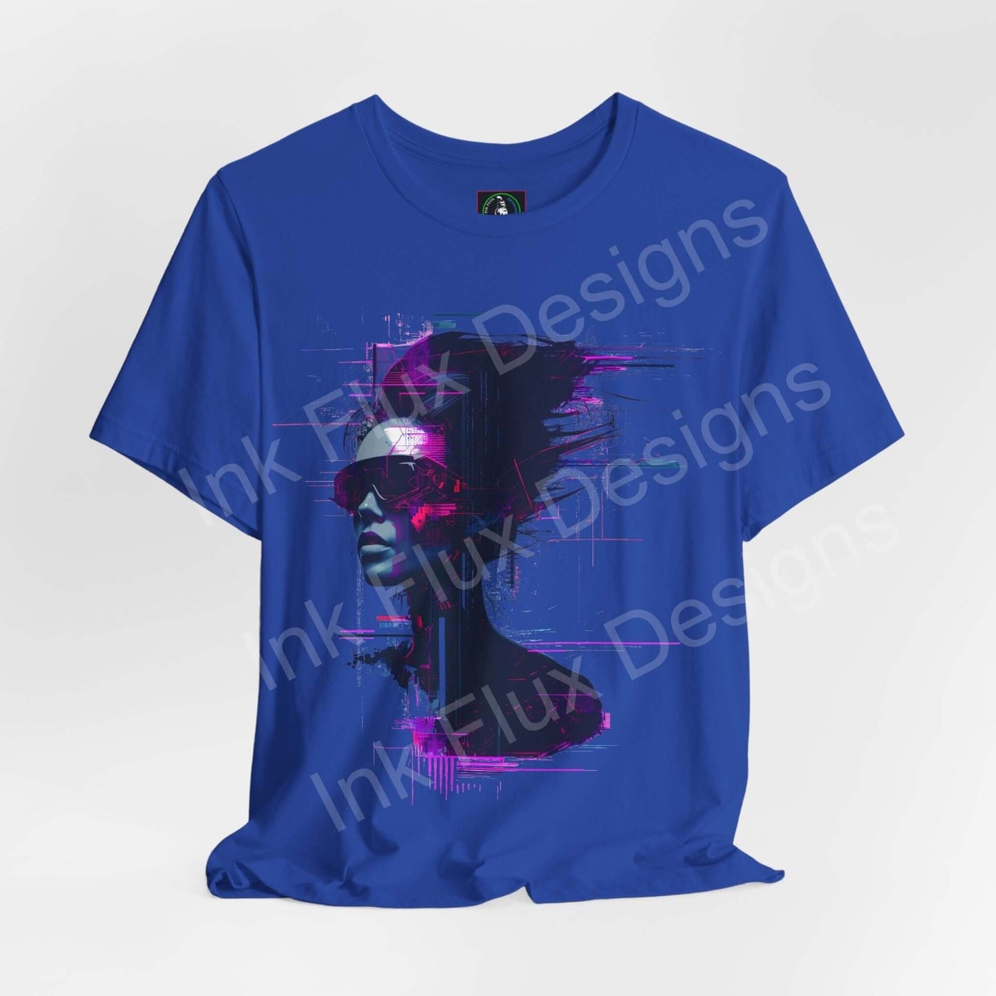 Blue unisex T-shirt with vivid cyberpunk-inspired graphic of a cyborg woman, ethically made, perfect for stylish comfort.