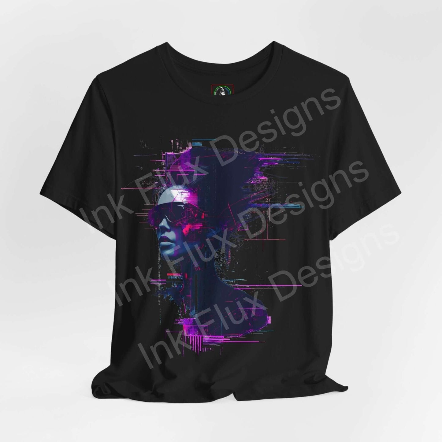 Cyberpunk graphic tee featuring a vivid, neon-outlined Cyborg Woman design on a black unisex jersey T-shirt by Bella+Canvas, ideal for style and comfort.