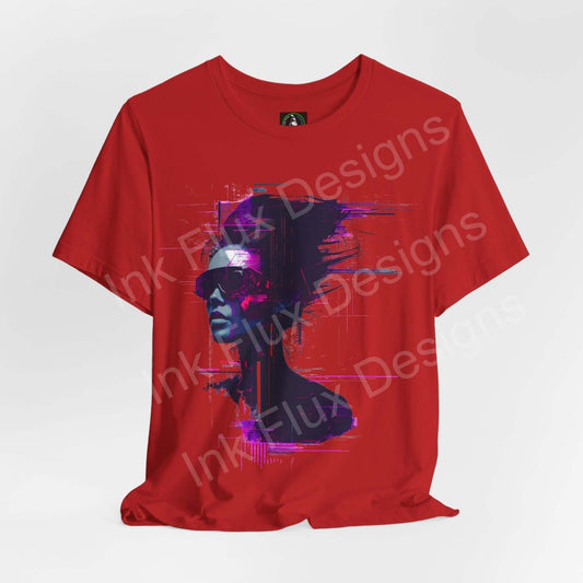 Red unisex T-shirt with cyberpunk-inspired graphic of a cyborg woman, from Bella+Canvas, highlighting sustainable, stylish comfort.