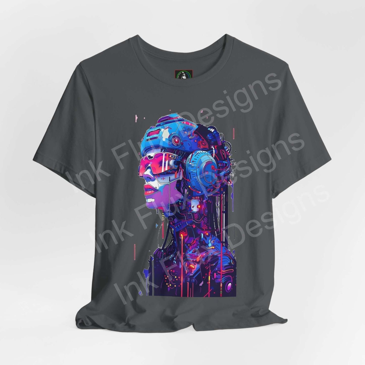 Graphic Tee featuring a vibrant cyberpunk design with a cyborg woman on a gray T-shirt, highlighting stylish, futuristic artwork.