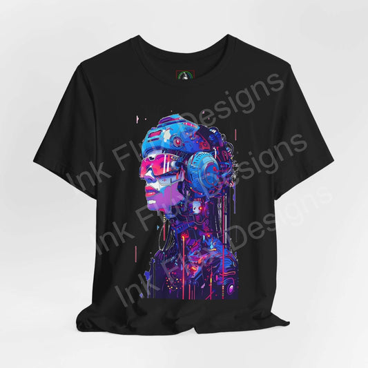 Black unisex jersey T-shirt featuring a vibrant cyberpunk graphic of a female cyborg face, from Bella+Canvas, ideal for fans of graphic tees.