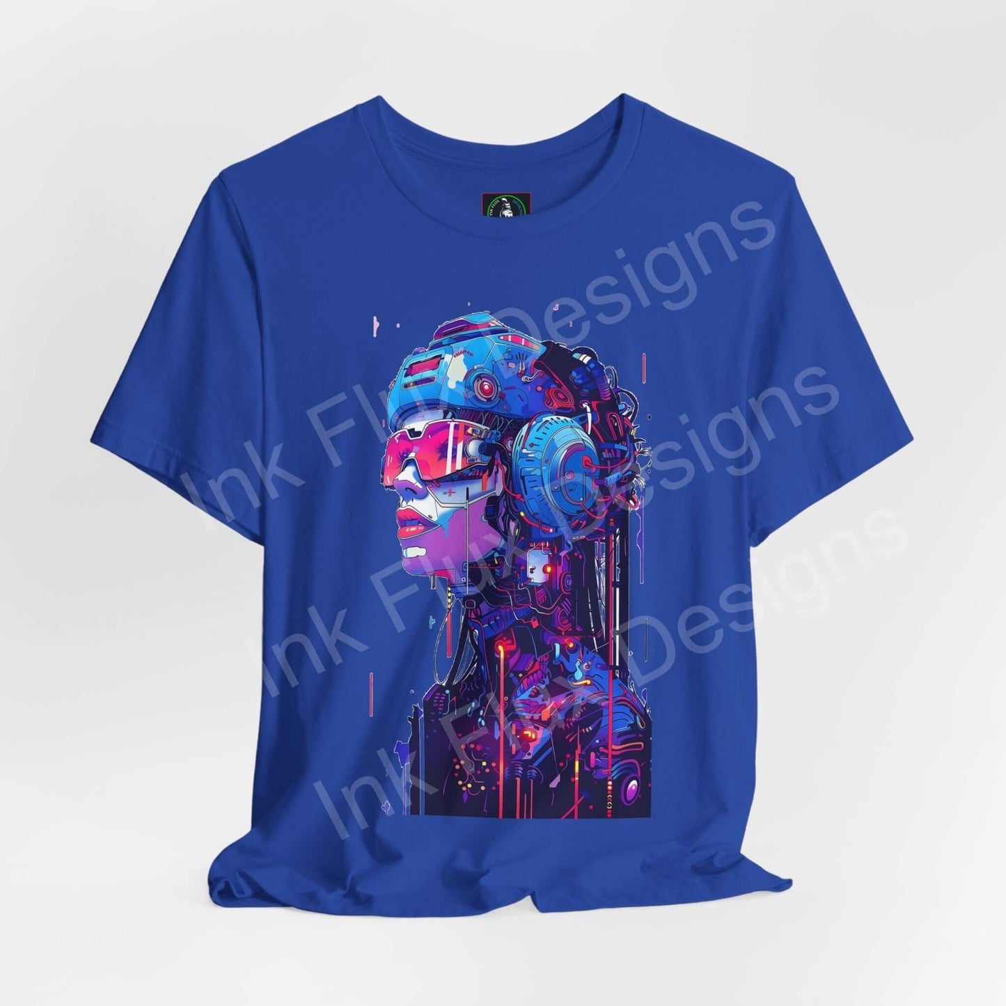 Blue unisex T-shirt featuring a vibrant cyberpunk graphic of a cyborg woman's face, tailored for comfort and style, by Bella+Canvas.
