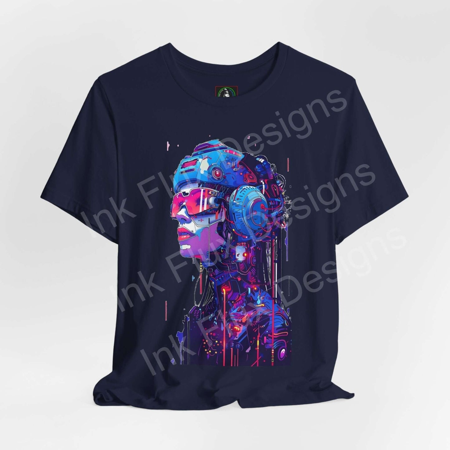 Navy blue unisex T-shirt featuring a vibrant cyberpunk graphic of a cyborg woman, highlighting intricate technological details, perfect for fans of graphic tees.