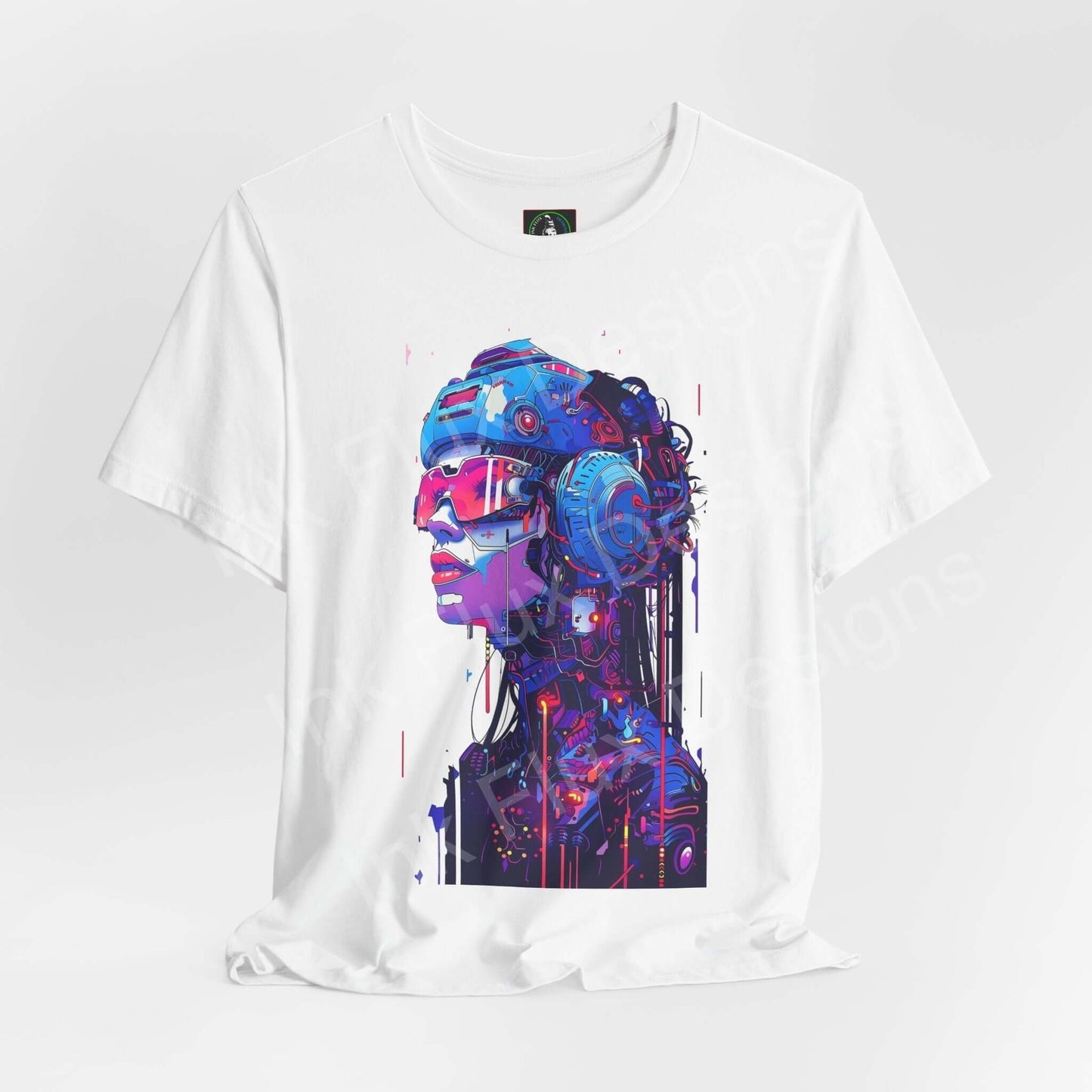 Cyberpunk-inspired graphic tee featuring a vibrant, futuristic Cyborg Woman design on a white, unisex jersey T-shirt, ideal for both style and comfort.