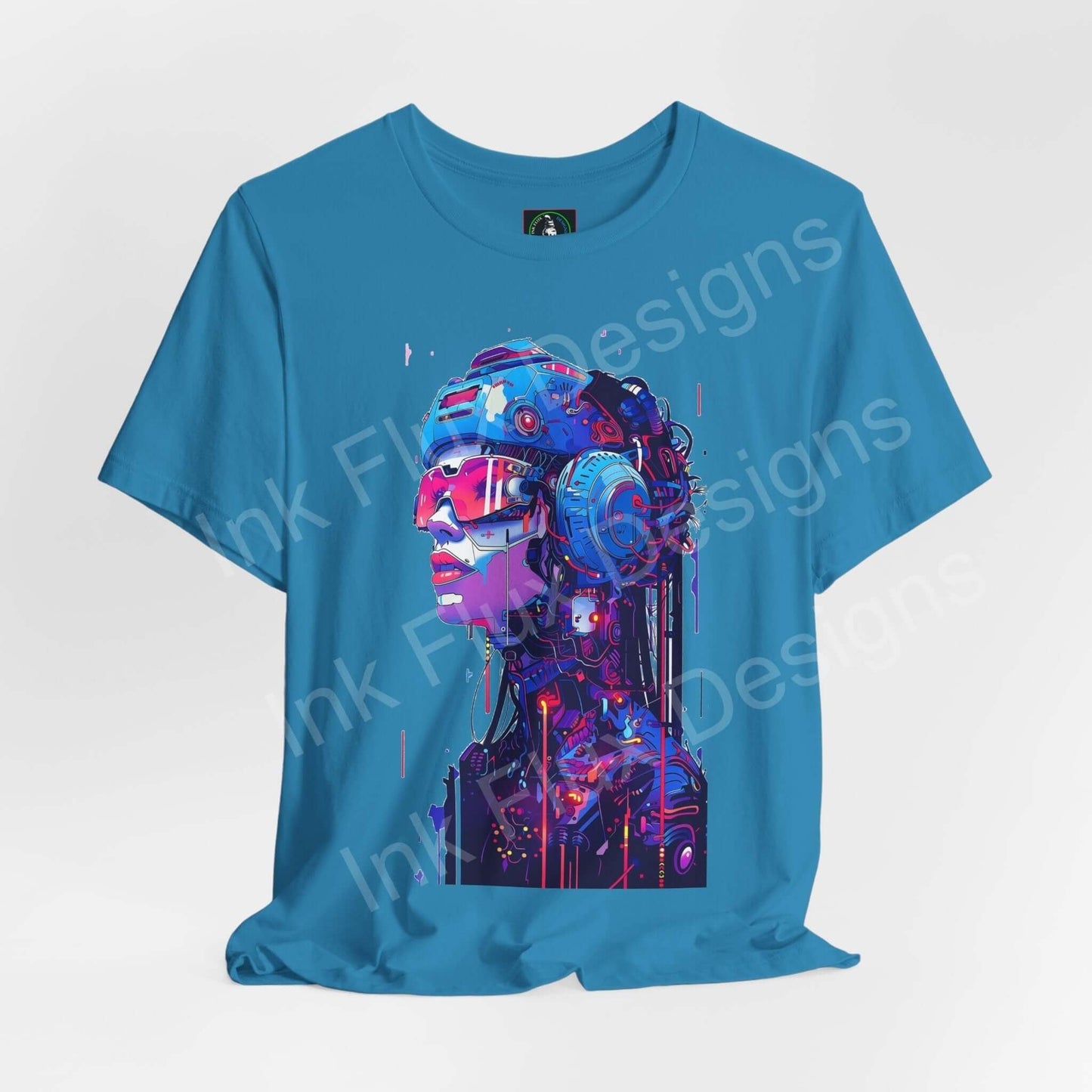 Blue unisex T-shirt with vibrant cyberpunk graphic of a robotic woman's face, ethically made by Bella+Canvas, perfect for a stylish, comfortable fit.