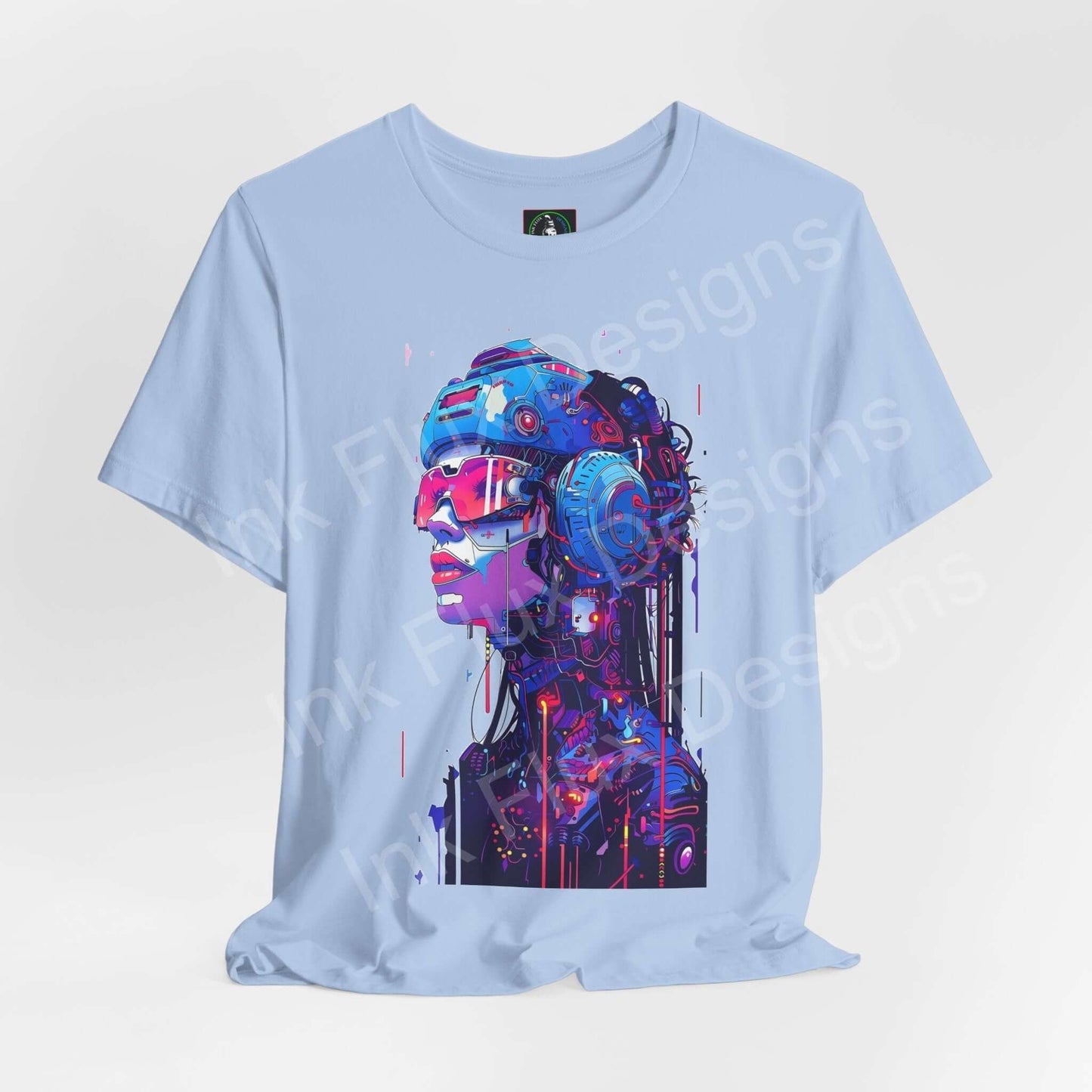 Unisex light blue T-shirt featuring a vibrant cyberpunk graphic of a cyborg woman, ideal for fans of tech-inspired fashion and graphic tees.