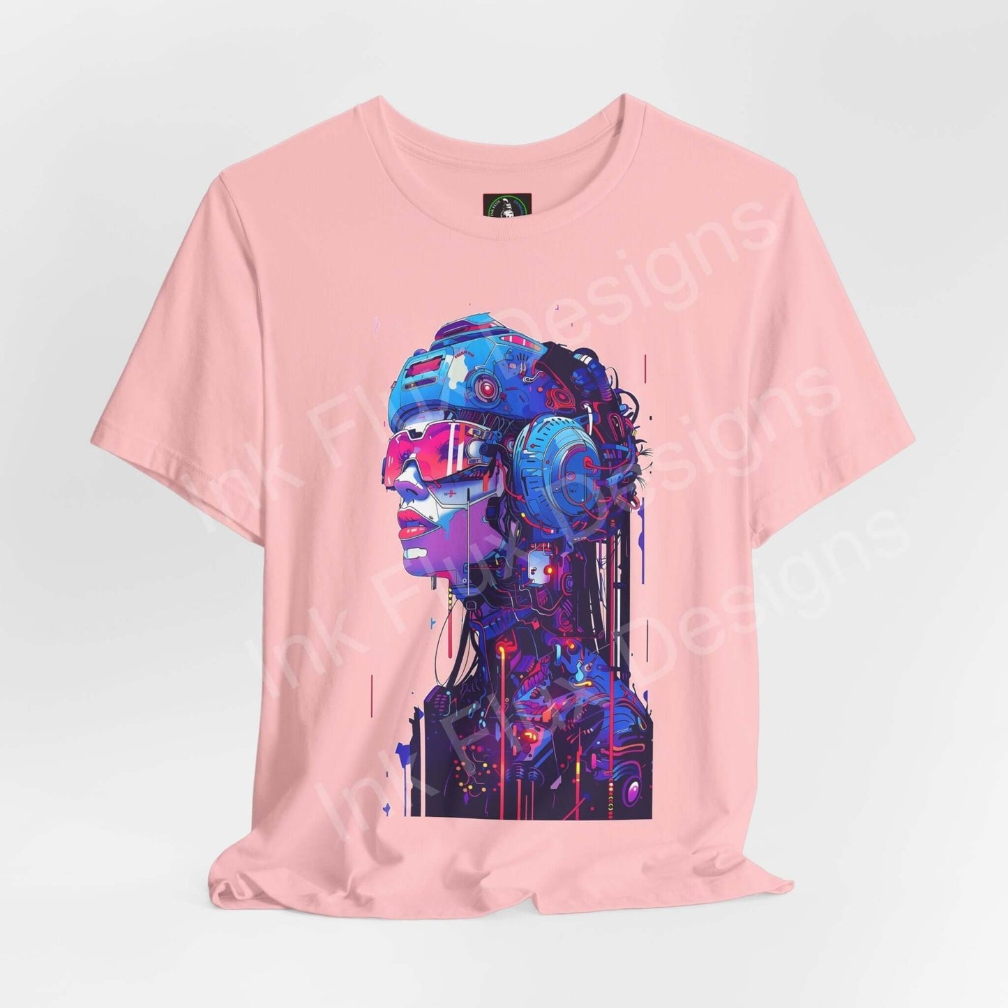 Pink unisex T-shirt with cyberpunk-style graphic of a cyborg woman's face, made from soft Airlume cotton, from Bella+Canvas.