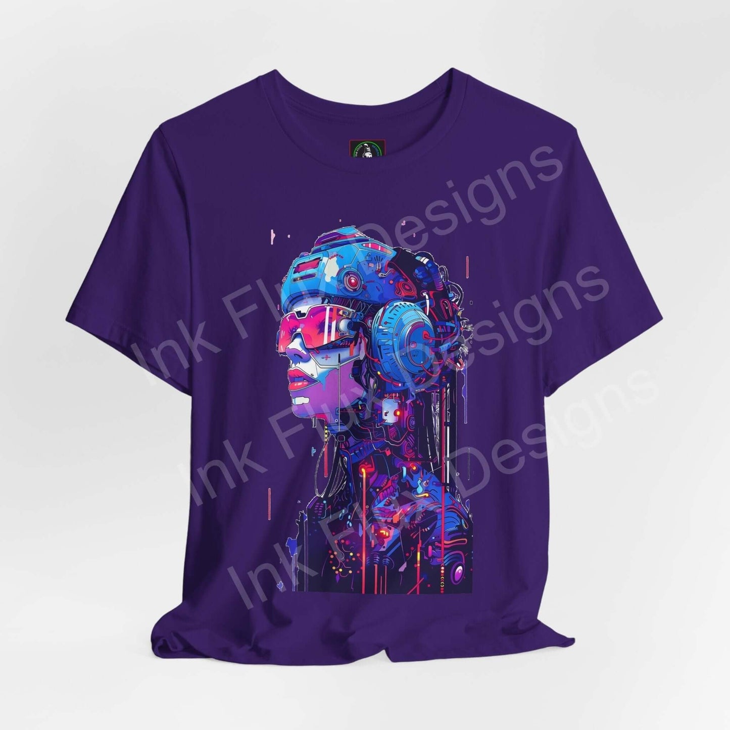 Cyberpunk-inspired graphic tee featuring a vibrant depiction of a cyborg woman on a purple unisex T-shirt, highlighting advanced digital art and style.