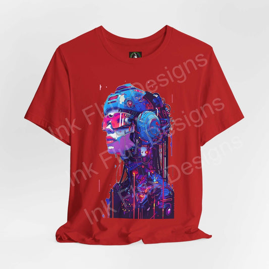 Red unisex T-shirt with vibrant cyberpunk graphic of a cyborg woman, showcasing artistic design in cool hues, ideal for any occasion.