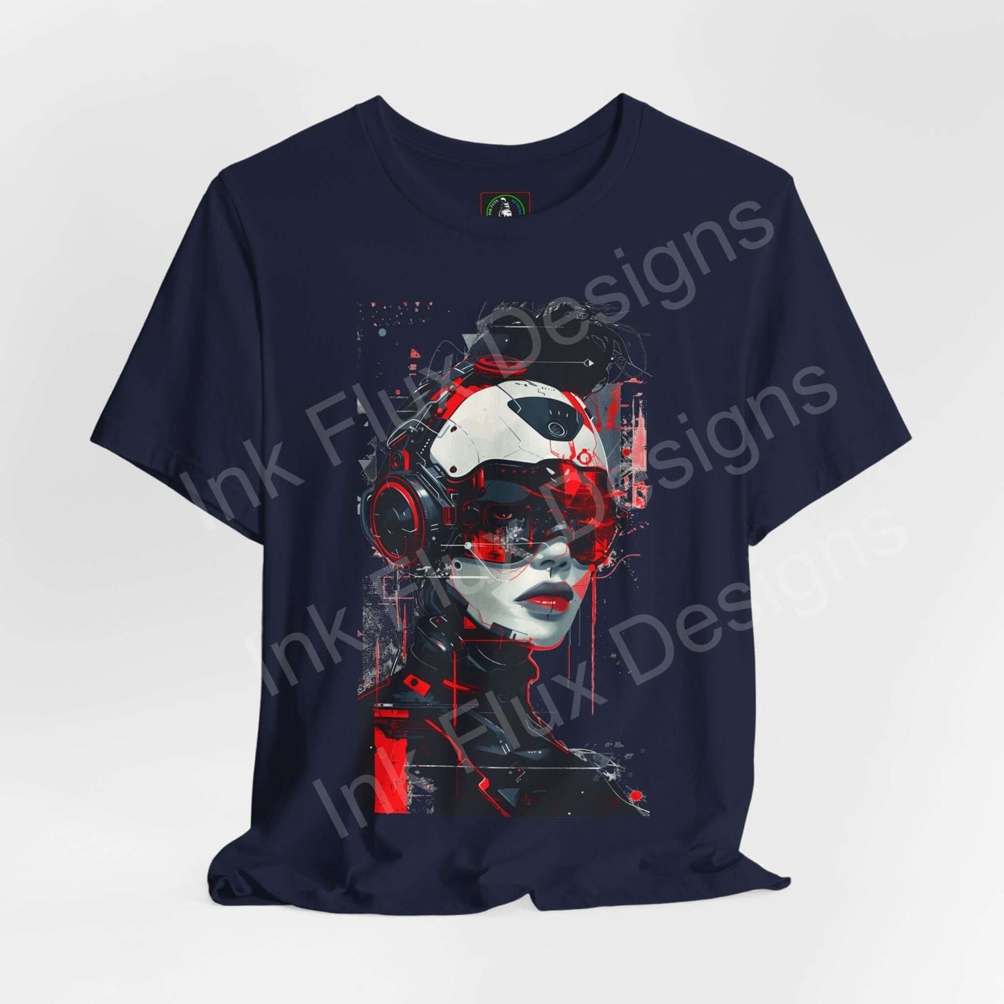 Navy blue unisex T-shirt featuring a cyberpunk graphic of a cyborg woman, ideal for fans of graphic tees.
