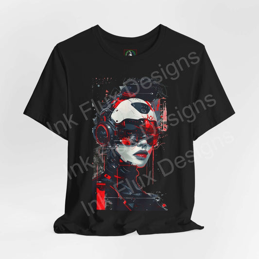 Black cyberpunk graphic tee featuring a red and white cyborg woman design, from Bella+Canvas, ideal for T-shirt enthusiasts seeking style and comfort.