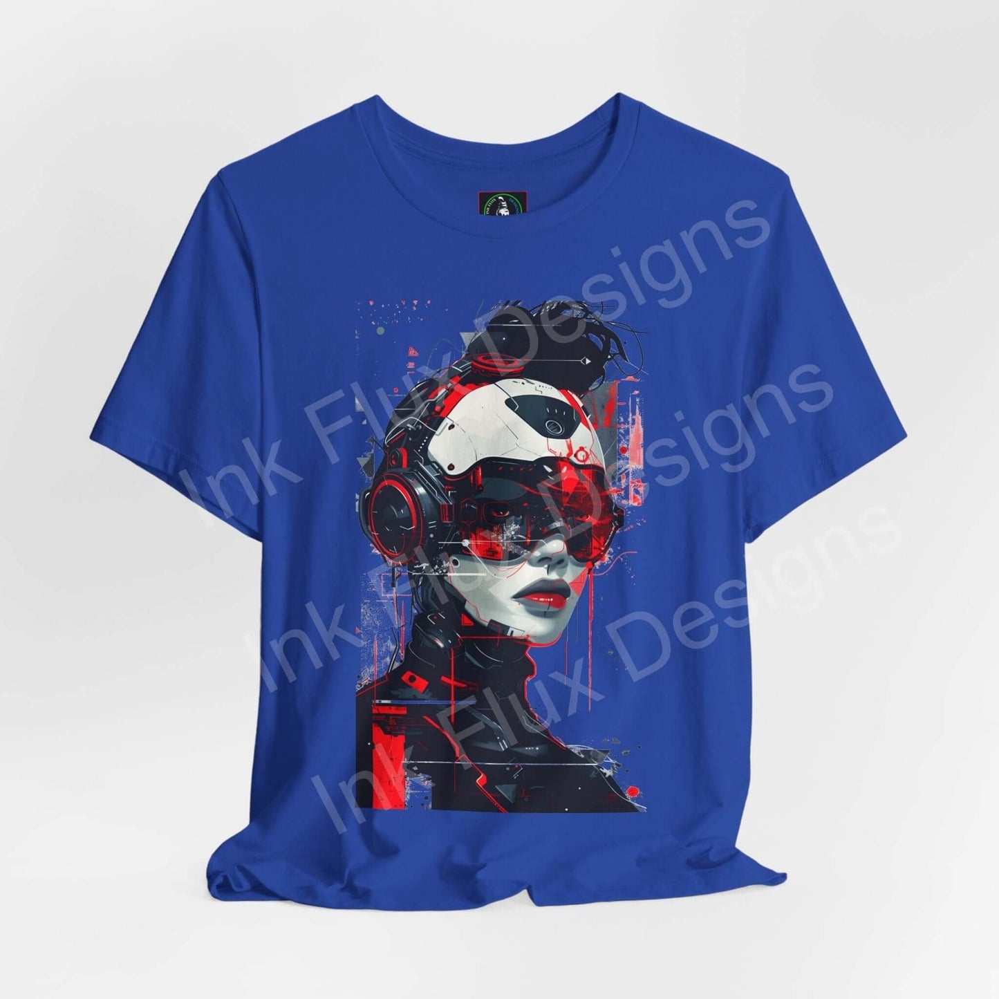 Blue unisex T-shirt featuring a cyberpunk graphic of a cyborg woman, crafted with Airlume cotton by Bella+Canvas.