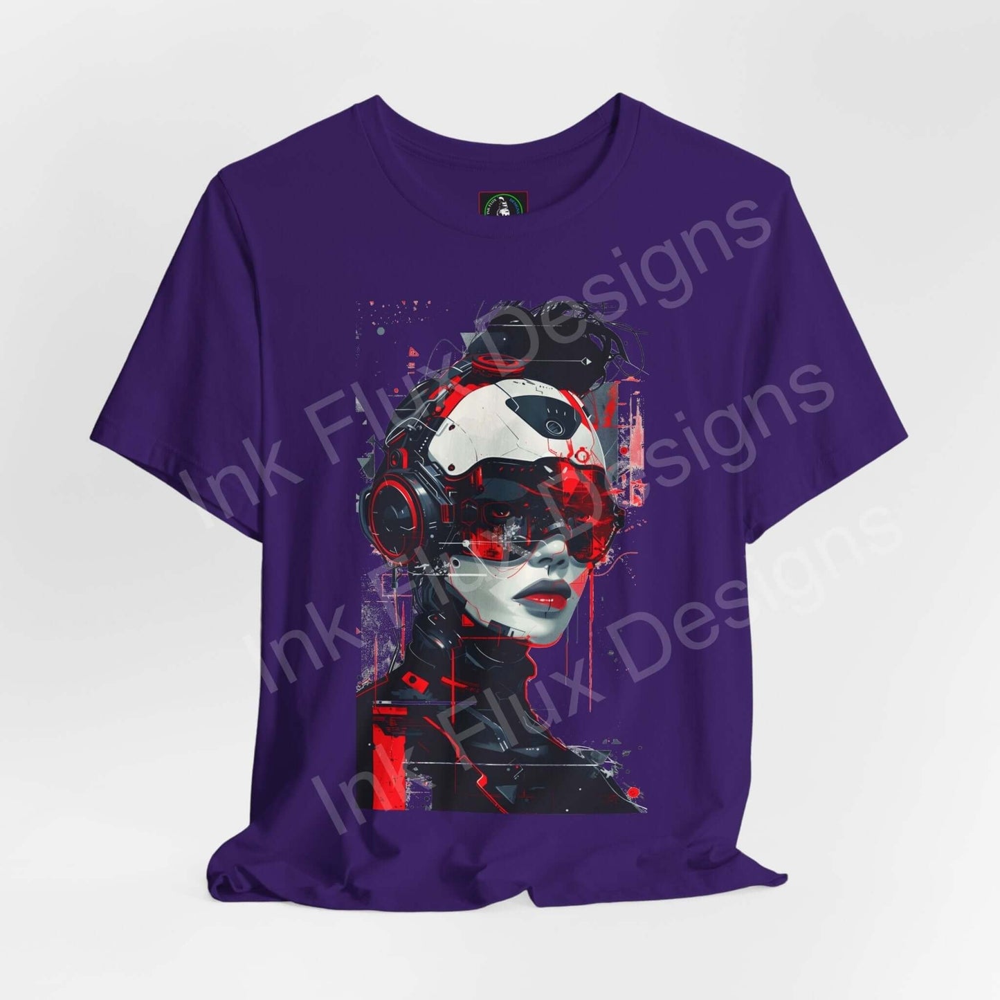 Cyberpunk-inspired graphic tee featuring a detailed cyborg woman design on a purple unisex T-shirt by Bella+Canvas.
