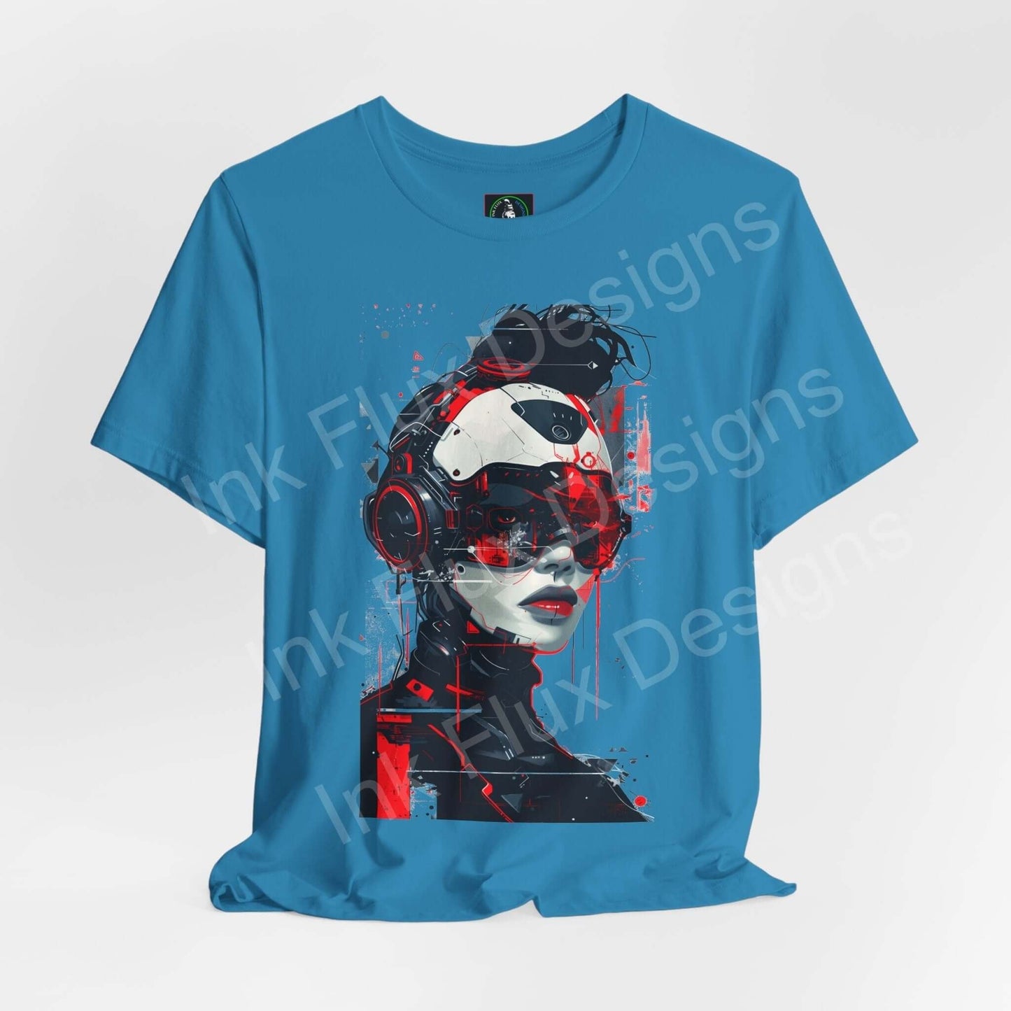 Blue unisex T-shirt featuring a vibrant cyberpunk graphic of a cyborg woman, perfect for fans of graphic tees and sustainable fashion.