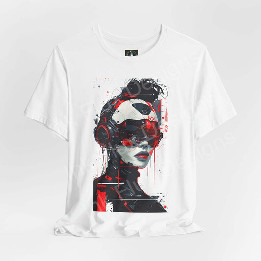 Cyberpunk-inspired graphic tee featuring a vivid print of a cyborg woman on quality white cotton, perfect for fans of cyberpunk and graphic tees.