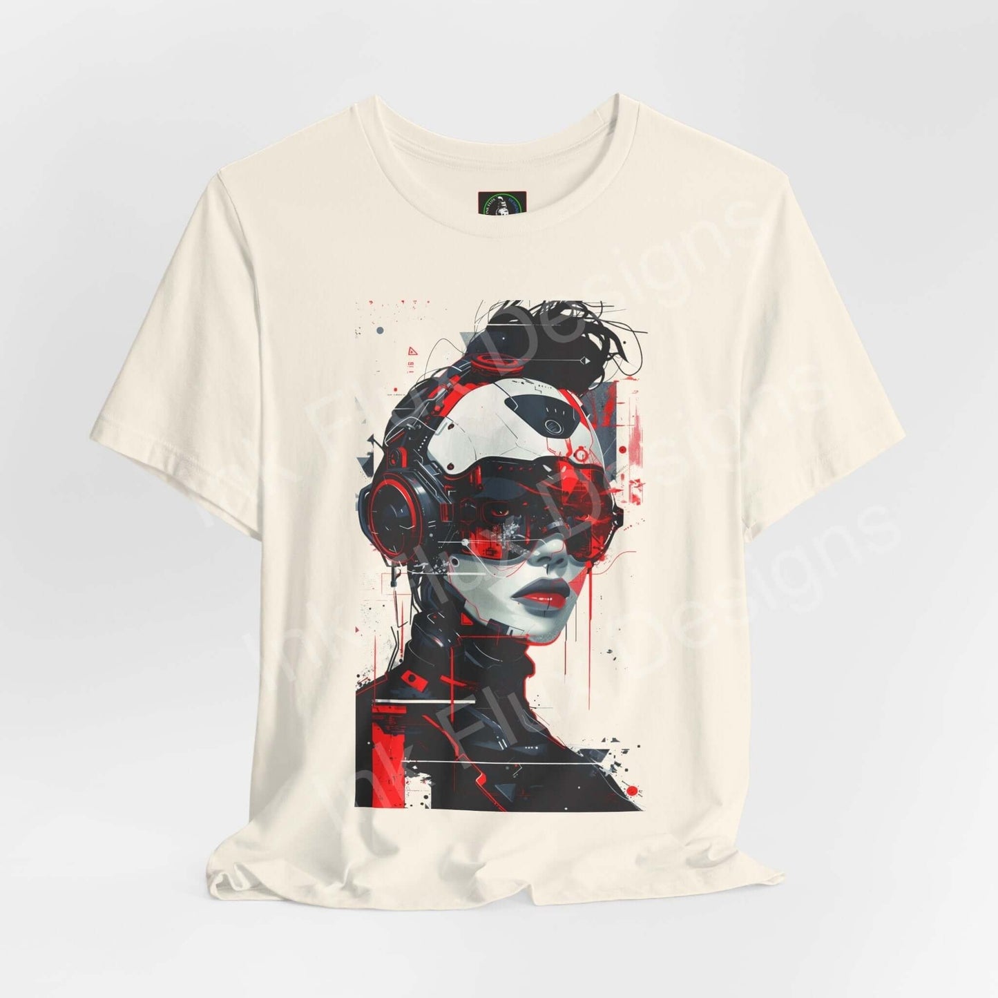 Cyberpunk-inspired graphic tee featuring a bold cyborg woman design in red and black on a cream T-shirt, ideal for fans of futuristic fashion.
