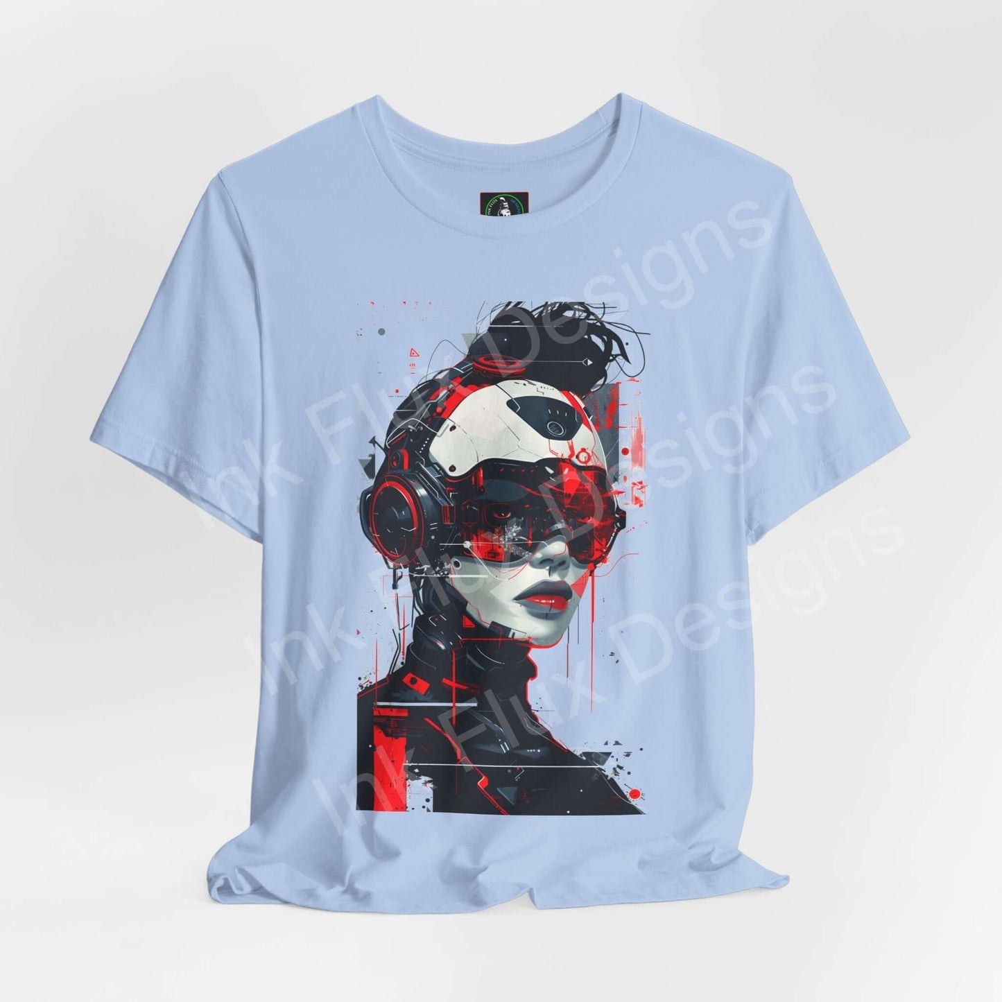 Light blue unisex T-shirt featuring a striking cyberpunk graphic of a female cyborg, crafted from Airlume cotton, ideal for fans of graphic tees.