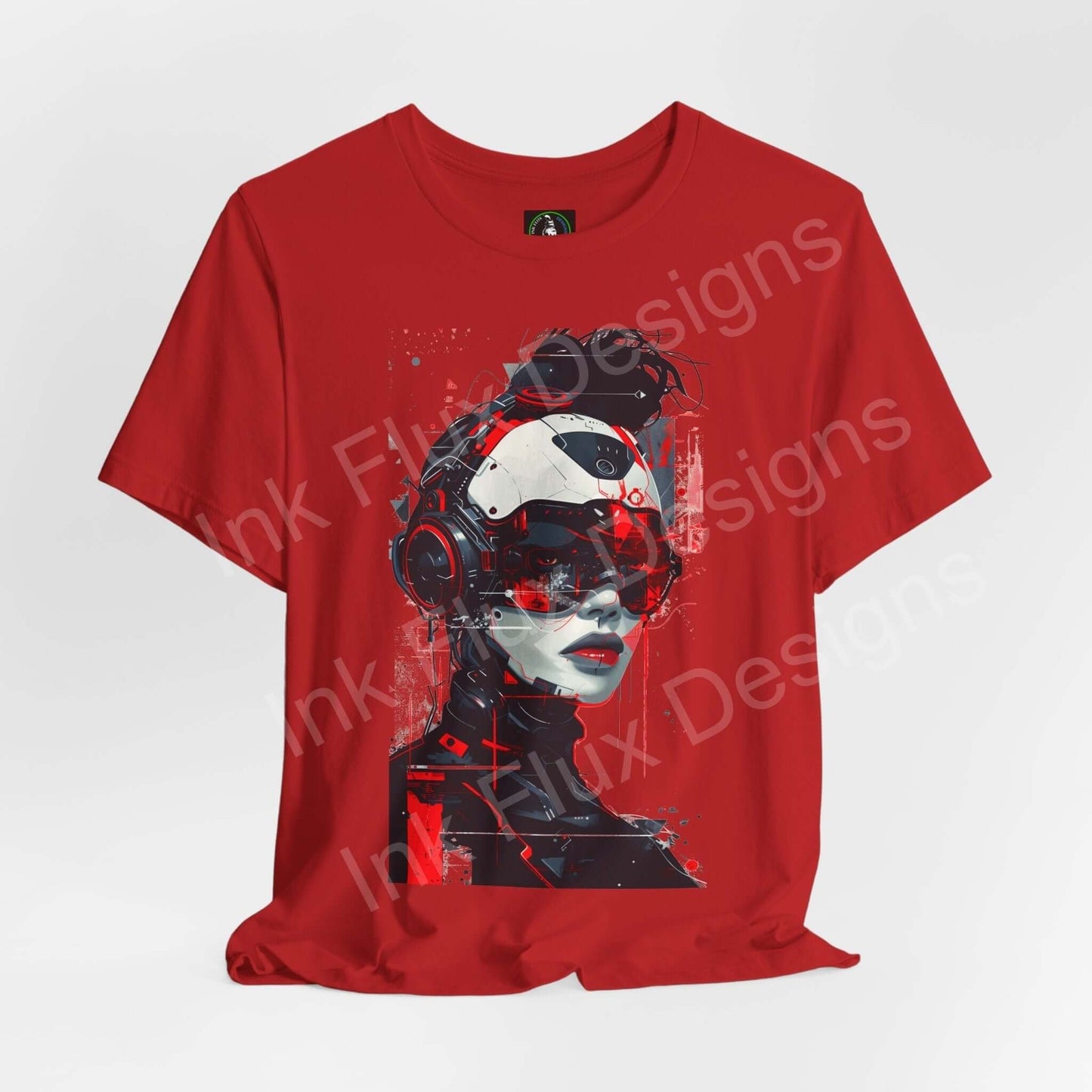 Red graphic tee featuring a cyberpunk-style cyborg woman design, ideal for fans of unique, artistic T-shirts.