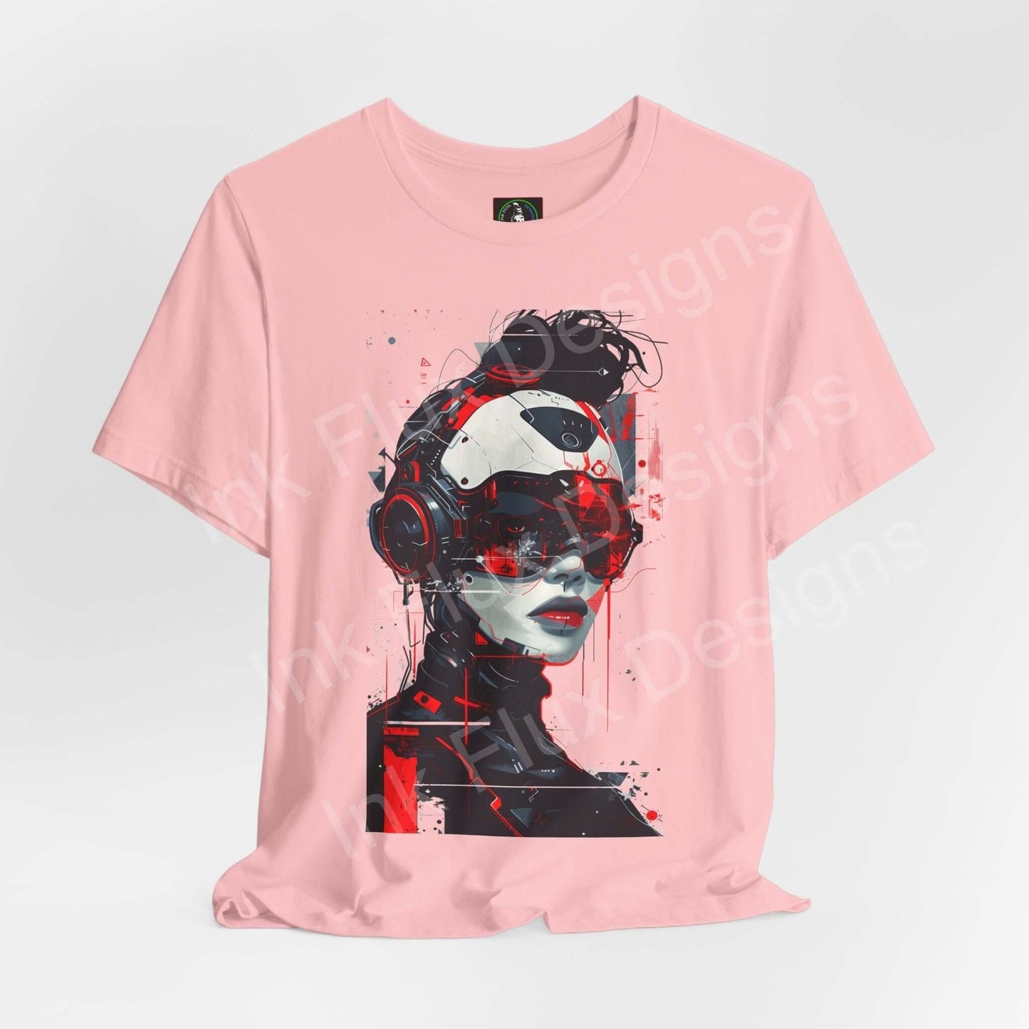 Pink unisex T-shirt featuring a graphic cyberpunk design of a cyborg woman, ideal for fans of futuristic, cyberpunk style graphic tees.
